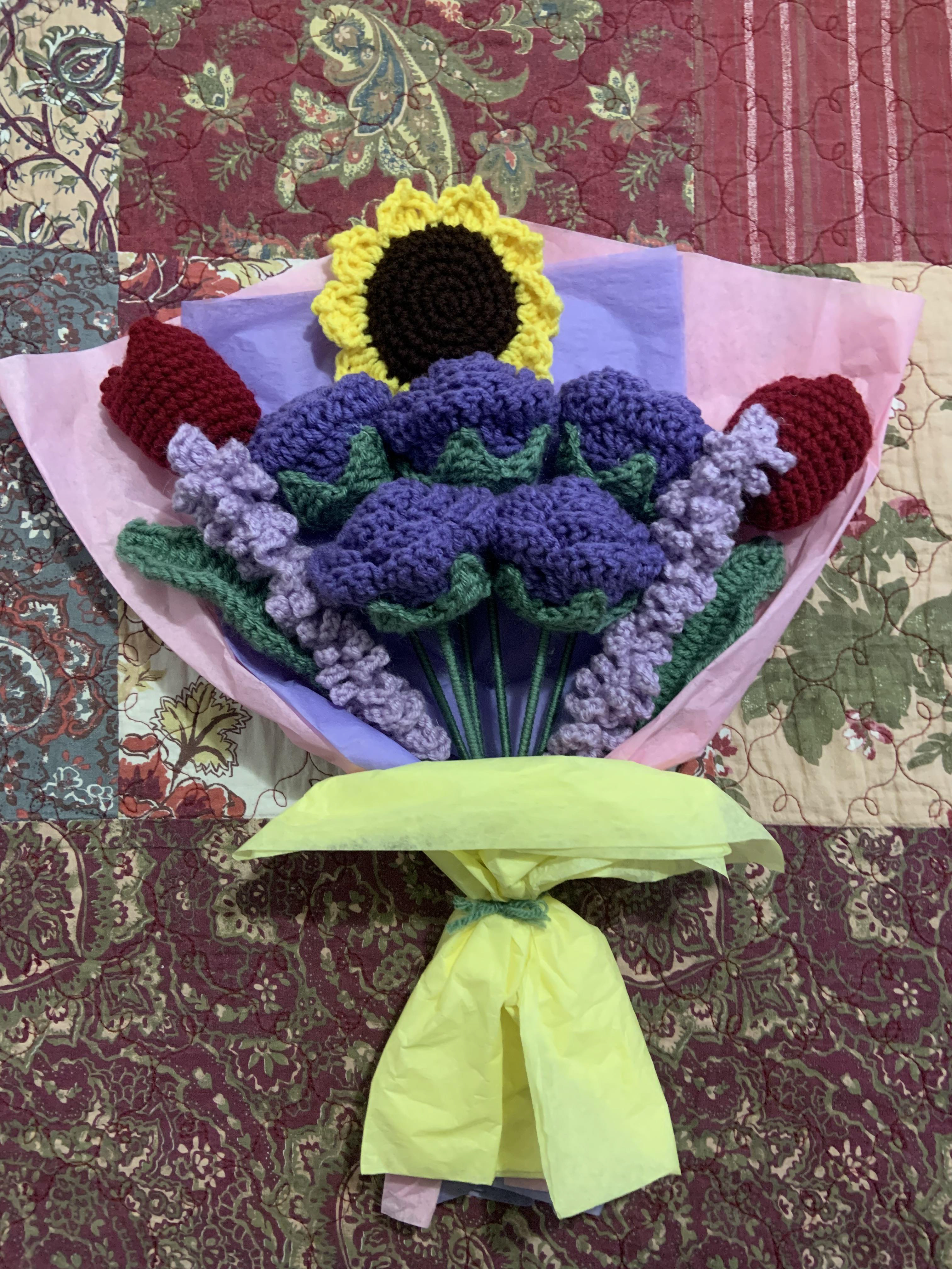 Monserrat Sirangua The category of my art is 3D flowers that I crocheted. I made these flowers as a gift to my mom for her birthday. These flowers took me 2 days to finish. The message I wish this artwork would send is that you can show your love to someone with your time,patience,and effort.