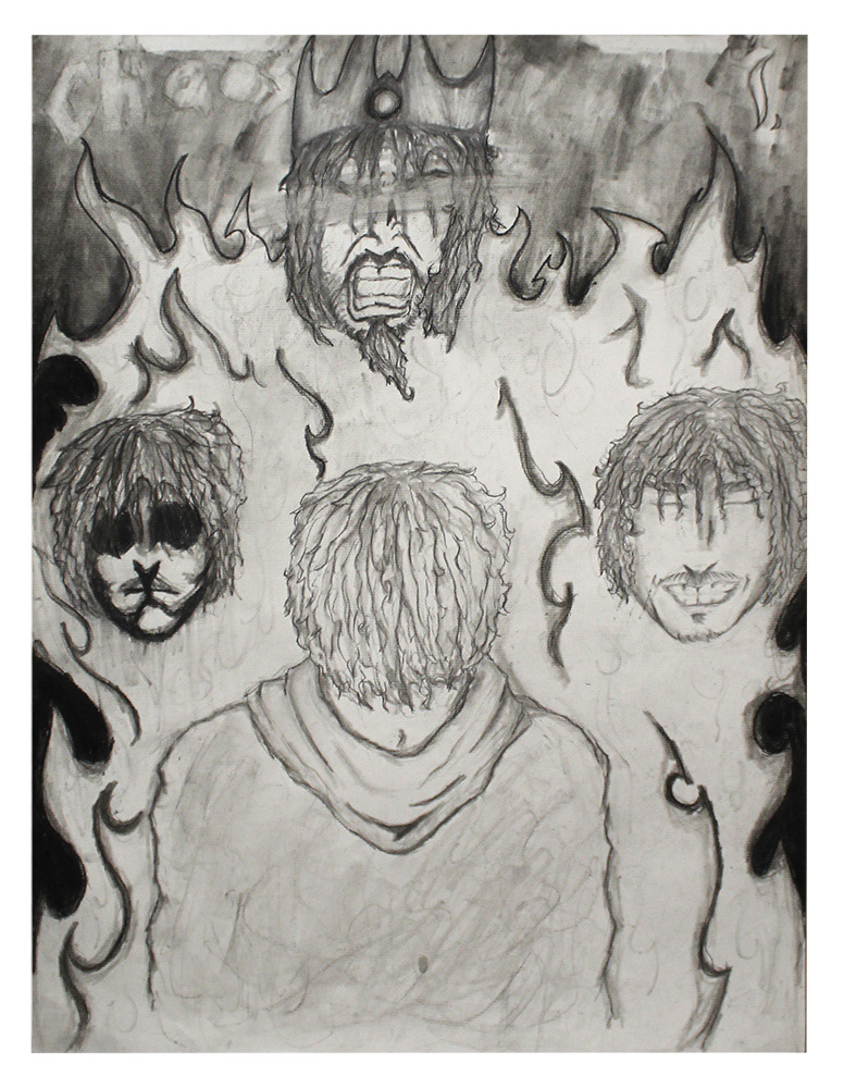 Xavier Rodriguez - "The Flames of Personality" This self portrait represents two heads on the side that are two personalities of mine: a painful one and a happy one. The head on the top is the King is a mixture of my personalities.The personalities combined create a rageful but proud me. The King is above every other personality but is hidden waiting to be released at the right time. The flames represent the power and chaos of the King. I am the King.