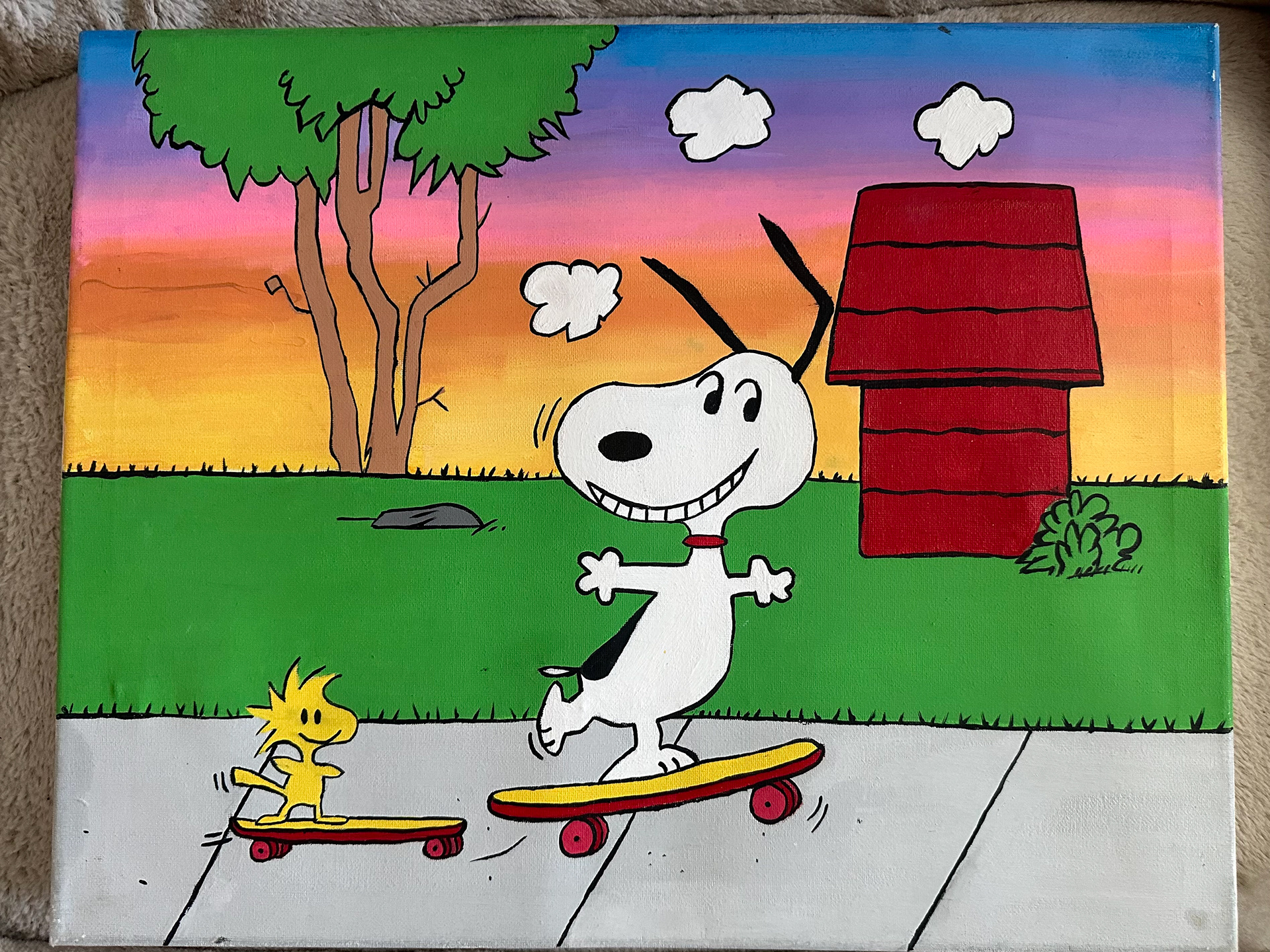 Danny Gonzaga - Snoopy and Woodstock are two beloved characters from the Peanuts comic strip. In this scene, they are skateboarding at the park. Despite their size difference, the two friends are perfectly synchronized as they glide along the concrete, enjoying the sunshine and fresh air.