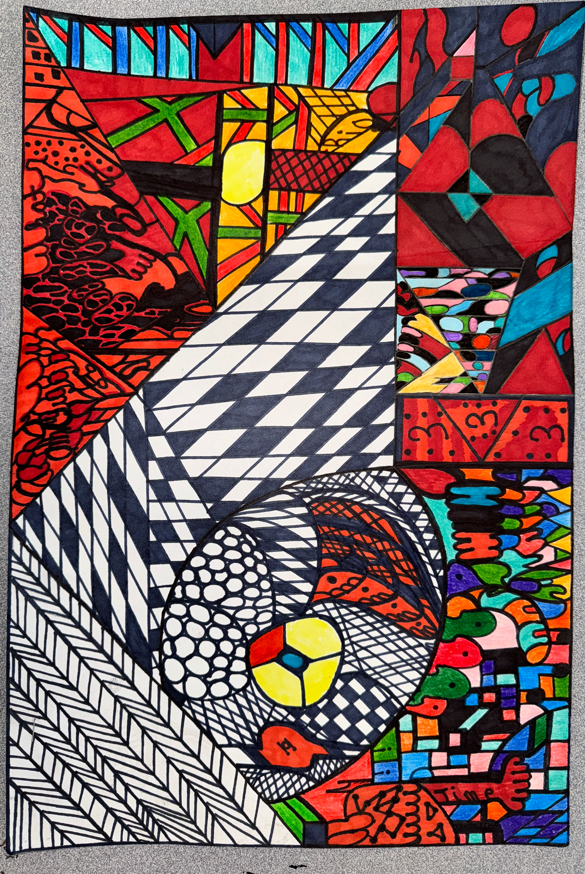 Dacario Austin - This piece entitled "Stained Glass" is a zentangle inspired by actual stained glass. Dacario used marker and poster board to bring this vision to life.