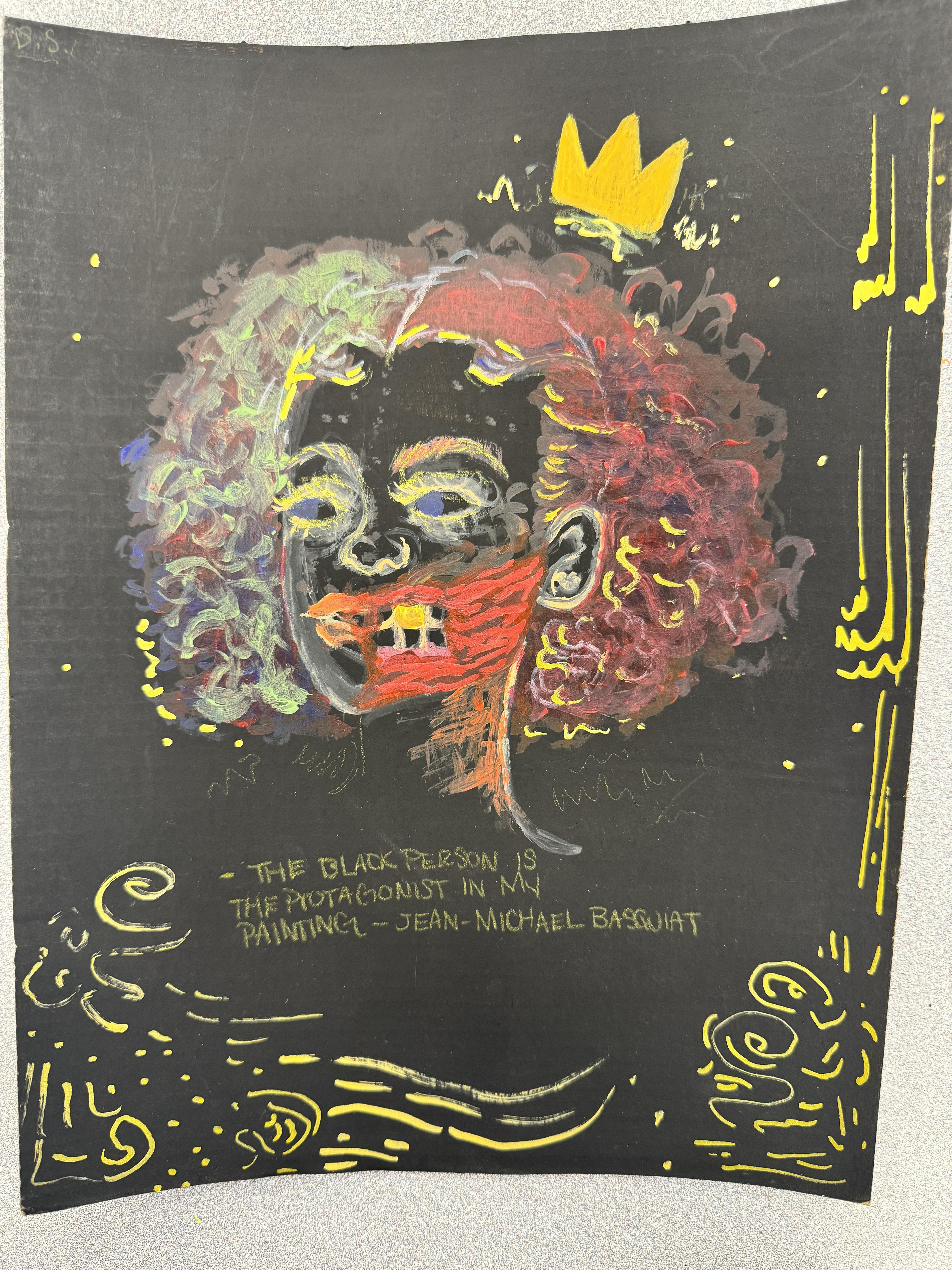 DeMiya Sands - This original piece by DeMiya was inspired by the late J.M. Basquiat and its an ode to people of color. This peace was created with Acrylic paint and card board. 