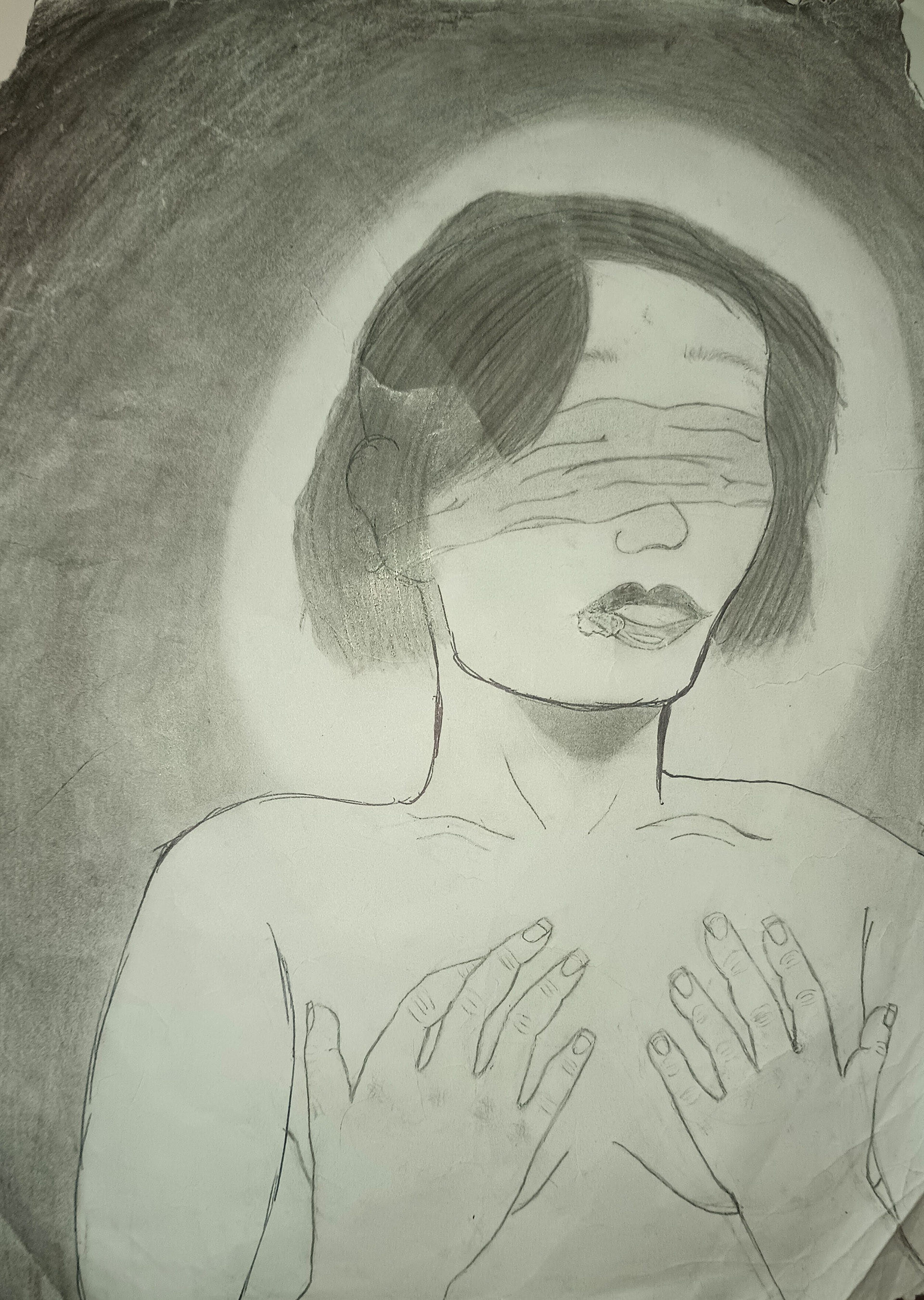 Yeslei Lopez - The portrait below depicts a women blindfolded, when it comes to survivers of sexual assault they are forced to be silent on the matter. But in this case, the women is blinded by the truth of the matter because she is unaware of the assault, due to being drugged. She is blinded literally and mentally which is why it is show wearing a blindfold, blinded to her own truth and darkness. Which is I used a led pencil, charcoal pencil, pen, art pencil, blending, tortillon, and a kneaded eraser. Although, my skils aren't up to par with the message I wanted to convey, I wanted to draw this to raise awareness on Sexual Assault Awareness month for survivors.