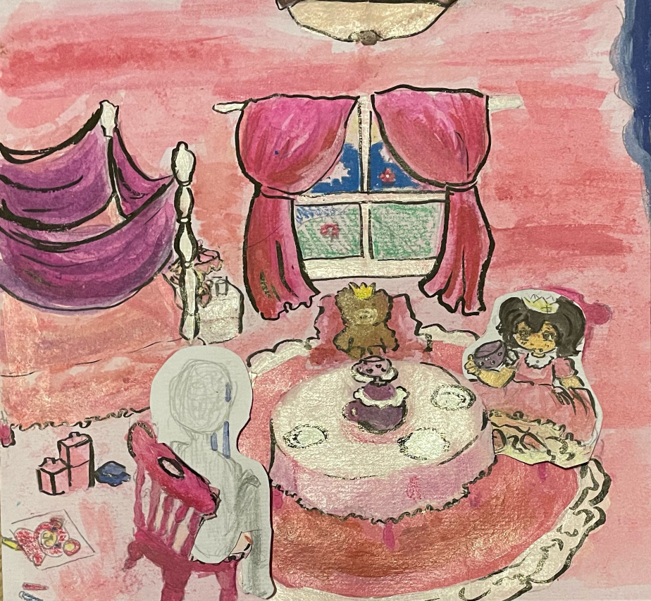 Julieta Melendres - I used pencil as a guide for painting with water color; After I made some touch ups with acrylic paint, crayon, and black ink. What inspired me to make this art work was my childhood and the things I had wished for but have never gotten in the past along with gender..
