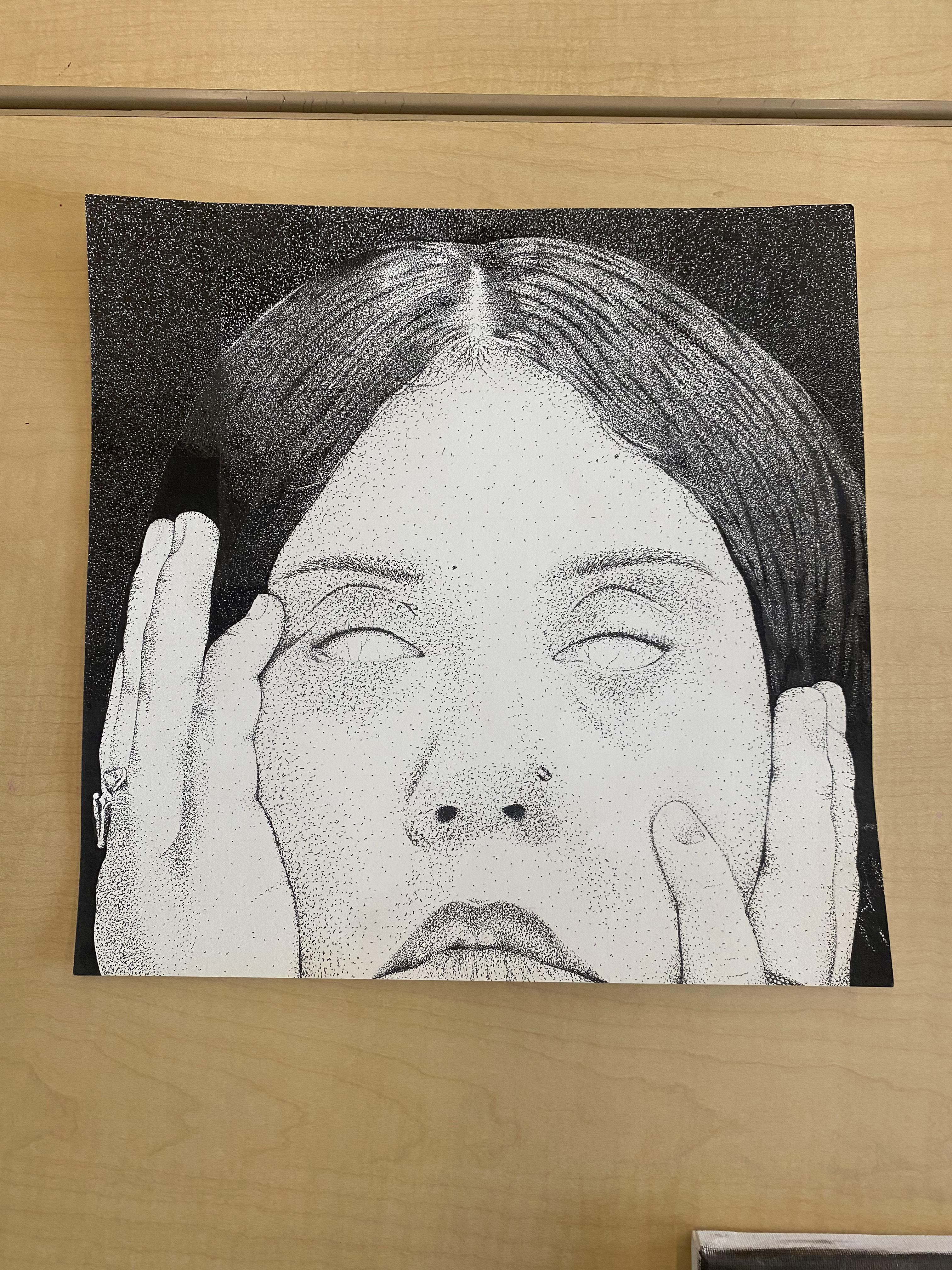 Jaqueline Jacobo - To create this art work I used oil paint and micro markers. I sketched up what I wanted my art work to look like and once I had created an outline on the paper or canvas I got to painting or drawing the basics, saving the details last. The inspiration behind these pieces was girl hood and different emotions we go through or experiences we have. That being irritation, not being seen, wanting a connection with someone, and not feeling aligned with your body. I want to show that it's okay to feel this and know that it's a universal experience, wether or not it should be in the first place. 