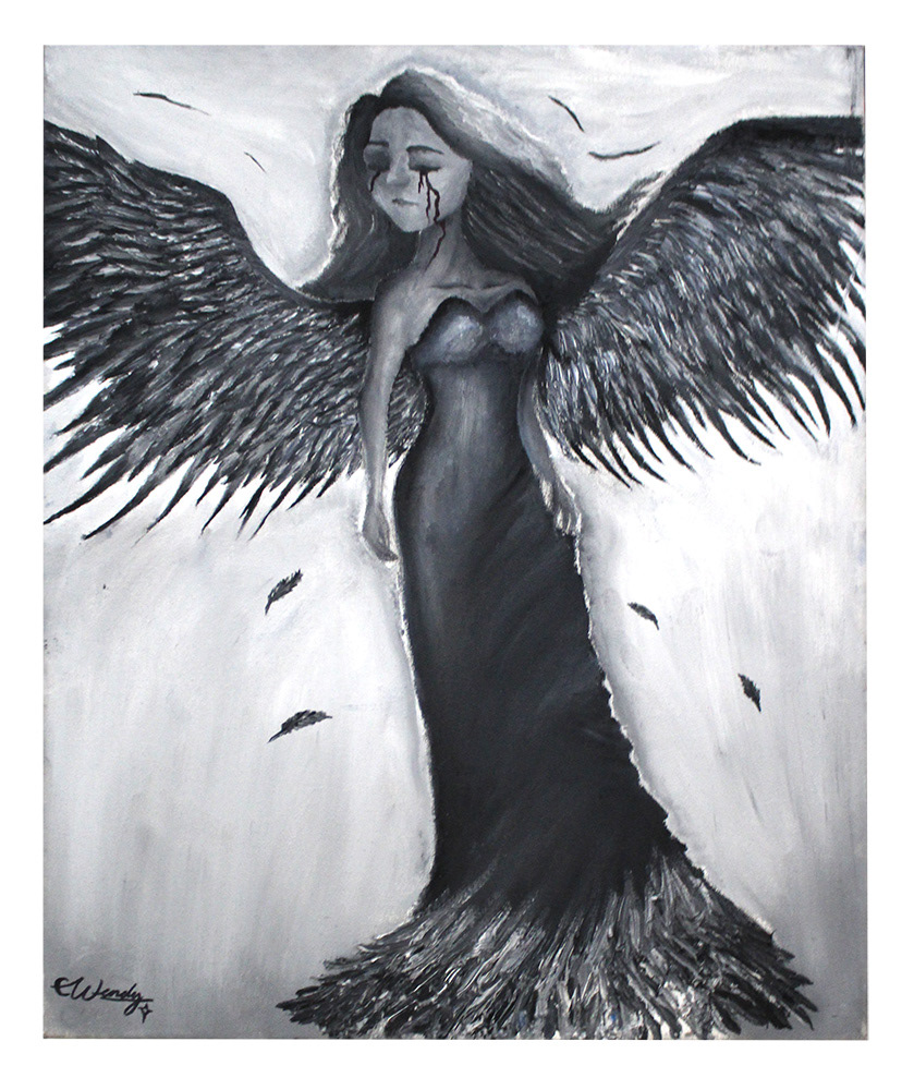Wendy Perez - For this painting, I got various inspiration from Pinterest. My original idea was to do a fallen angel, but I wanted to portray that feeling of sadness and pain coming from the tears of the angel. The design in the feathers show how they came to turn from white to black as well as in the dress. I decided to use oil paint as my medium because it feels more manageable to mix the colors but also shows texture in the painting.