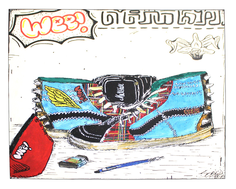 Josue Ramirez-Chilel - This piece took a long time to paint. I wasn't sure what I wanted to paint at first, so I just took my stuff and my favorite pair of shoes and drew them. I added a bit of my own culture by including the national flower of Guatemala, which is called "La Monja Blanca," or the white nun orchid in English. These are just the stuff that I think are nice to me I like my shoes, drawing, music and my culture. That's what is represented in this modern day still life piece.