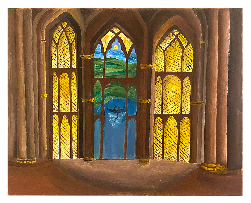 Wendy Perez - For this painting, I got the inspiration from the stained glass usually found in church windows. I was able to paint opposites like the sun and the moon while still maintaining a balance. The river in the middle with the sun and the moon are a symbol of peace and calmness formed from opposites. I used oil paint as my medium because, in my opinion, it is the the best medium to show texture. When moving the paintbrush with different colors, it is able to show shadows and light better.