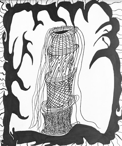Caelan Ortiz - The drawing presented in the image is an abstract drawing using line and many various elements of art. The inspiration came from a random idea from a race track building up. The message the artwork can send is to enjoy life?