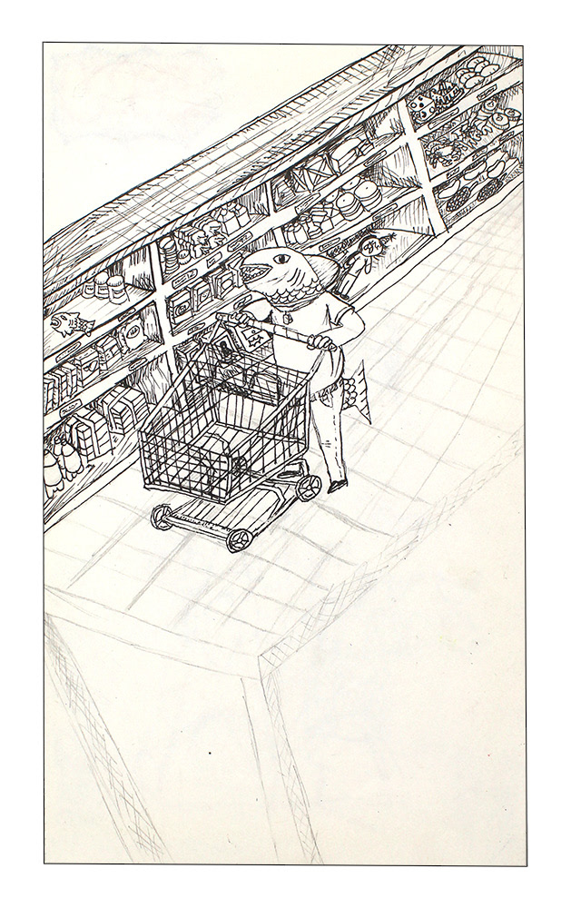 Josue Ramirez-Chilel - "Shopping Fish" I did this piece for fun. It's just a fish shopping. It took awhile, but I wanted to as incorporate as much detail as I could to the shelves.