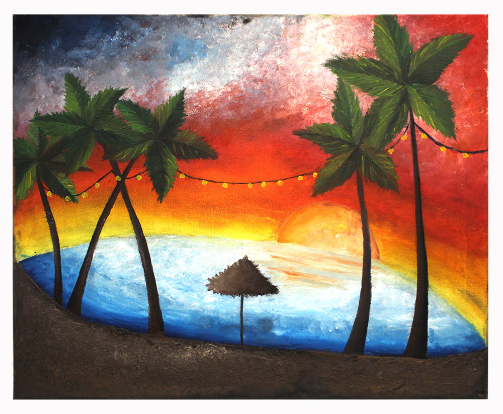 Wendy Perez - For this painting I decided to use oil paint as my medium because when I was mixing the colors to get the darkness in the opposite side of the sun and it was easier to blend using this medium in between the lightest and the darkest colors. By using oil paint I was also able to create texture in the sand to make it look more realistic. I also made the sand darker to represent the transition into night. My inspiration for this painting was the beach since I painted it during the summer and I wanted it to reflect on the best part of the summer which is going to the beach and watching the sunset.