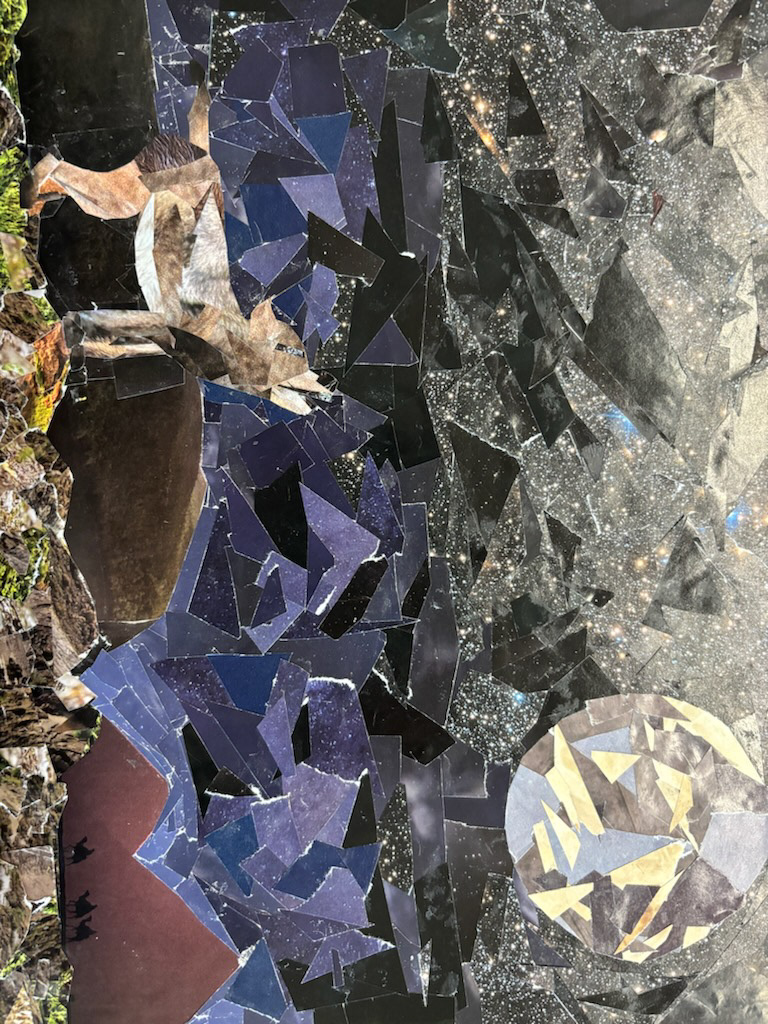 Sophia Simanis - My artwork is a collage. I pasted multiple pieces of magazines on a piece of paper to form a wolf howling at the moon on a starry night.