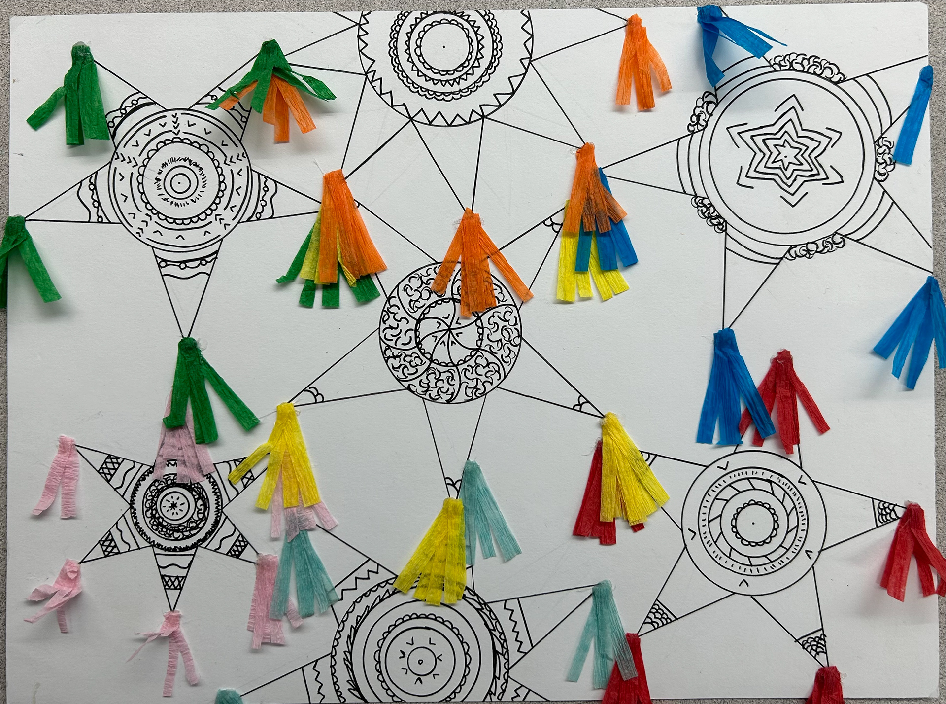 Sherlyn Hernandez: When I was younger my favorite part of being at grandmas was making pinatas with her, this piece reminds me of my most favorite part of the process; adding the party streamers. Which is why it is the only thing in color, the center of it is a mandala representing the cool designs pinatas have.