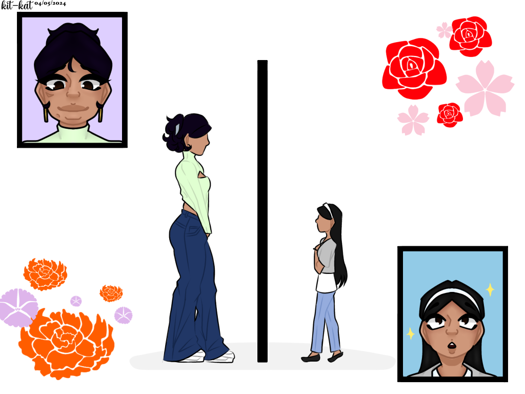 Kalani Rodriguez- Colon EXHIBITThis is a drawing of my current self looking at my younger self and it’s inspired by a dance some times held during quinces were the quincenera looks through an empty mirror frame to a younger female family member, symbolizing growing up into a young lady. This was made using IbisPaintX and the simplistic style was a choice I specifically made for this drawing. I wish to convey how simple the art of growing up is, how similar and different one can be to their past and how much your younger self’s might look at you in awe as I would believe little me would. Showing all the changes and things that remained the same to the end. 