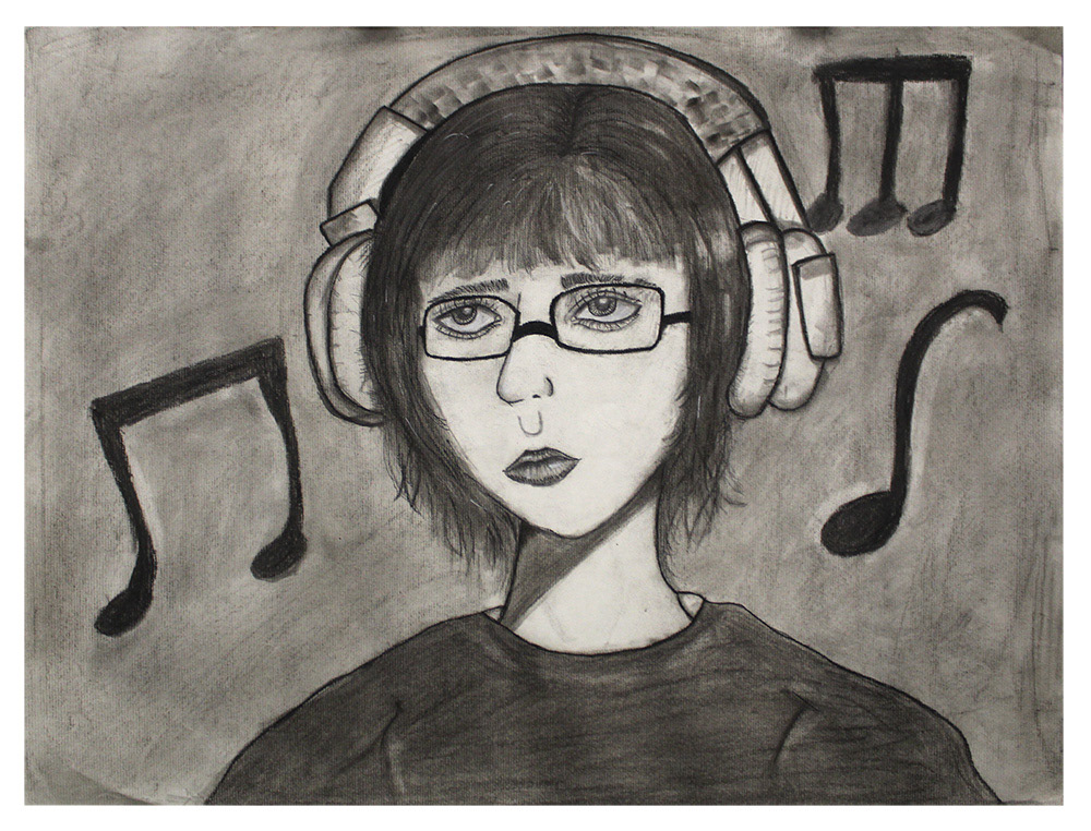 Fernanda Pareja - This self portrait shows how music could make you feel a lot of things including sadness, happiness, calmness, and understanding the meaning of music can make you realize how much you relate to it.