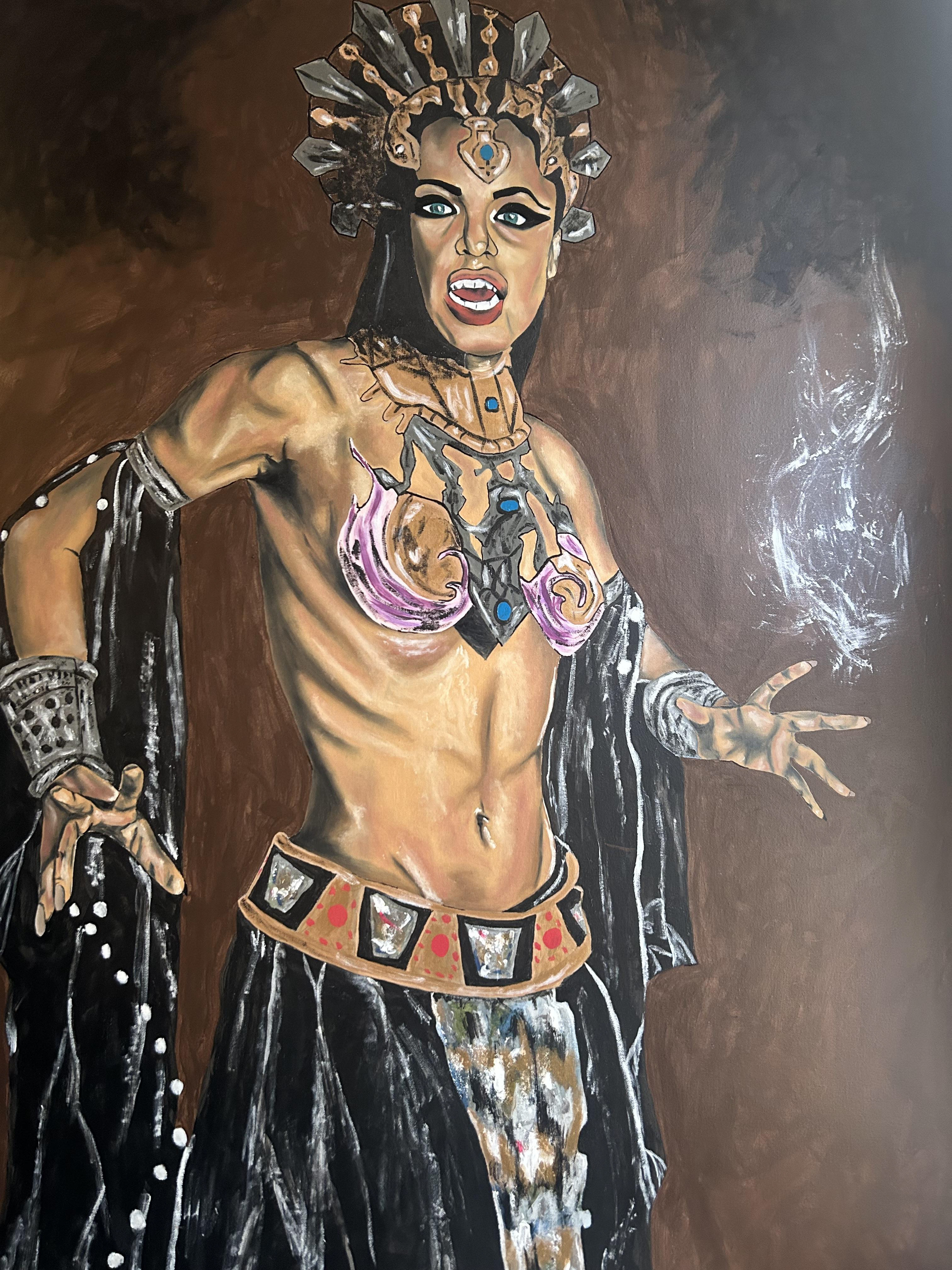 Semaj Harrison - My piece is called Akasha, this is my take on Aaliyah the amazing singer. My painting is based on her when she was in her break out film called The Queen Of The Damned. I’ve always been fascinated with her character. She played the queen/mother of all vampires, she ruled and was all mighty. Aaliyah was/is a beautiful talent who unfortunately left too soon, so this is my way of showing appreciation for her and her work.