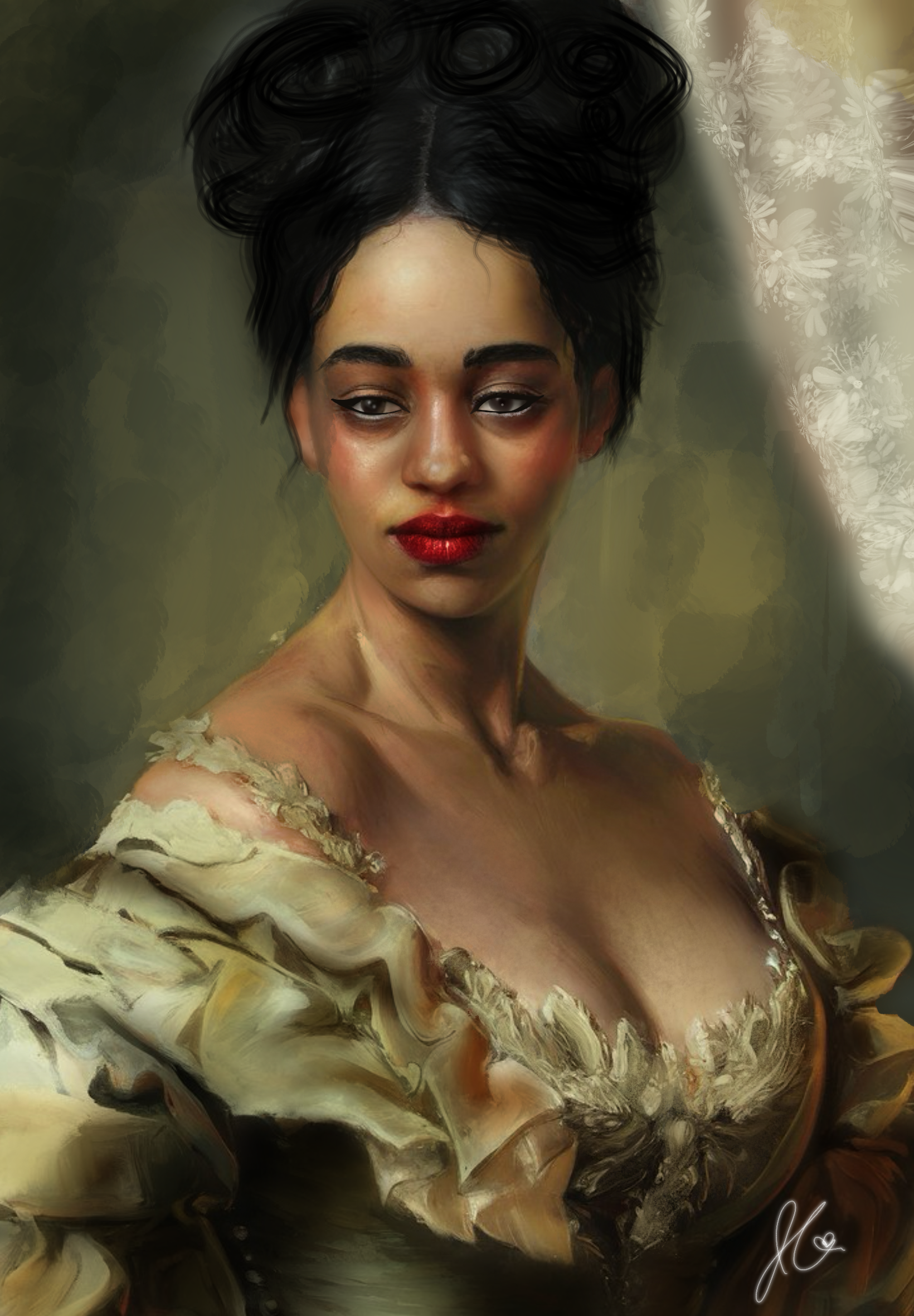 Jazarra Crane I made this after I watched queen charlotte for the first time so I named this peace ‘duchess’. It’s an image of a woman staring at what can be assumed the ground or an object near the ground. Unlike most royals she’s a bit more indecently free, some loose strands coming from her high up bun, her chest sticking up in a proud posture and a small smirk on her face —similar to the Mona Lisa. I really like the Victorian and renaissance era so as you can see how this is inspired by that.
