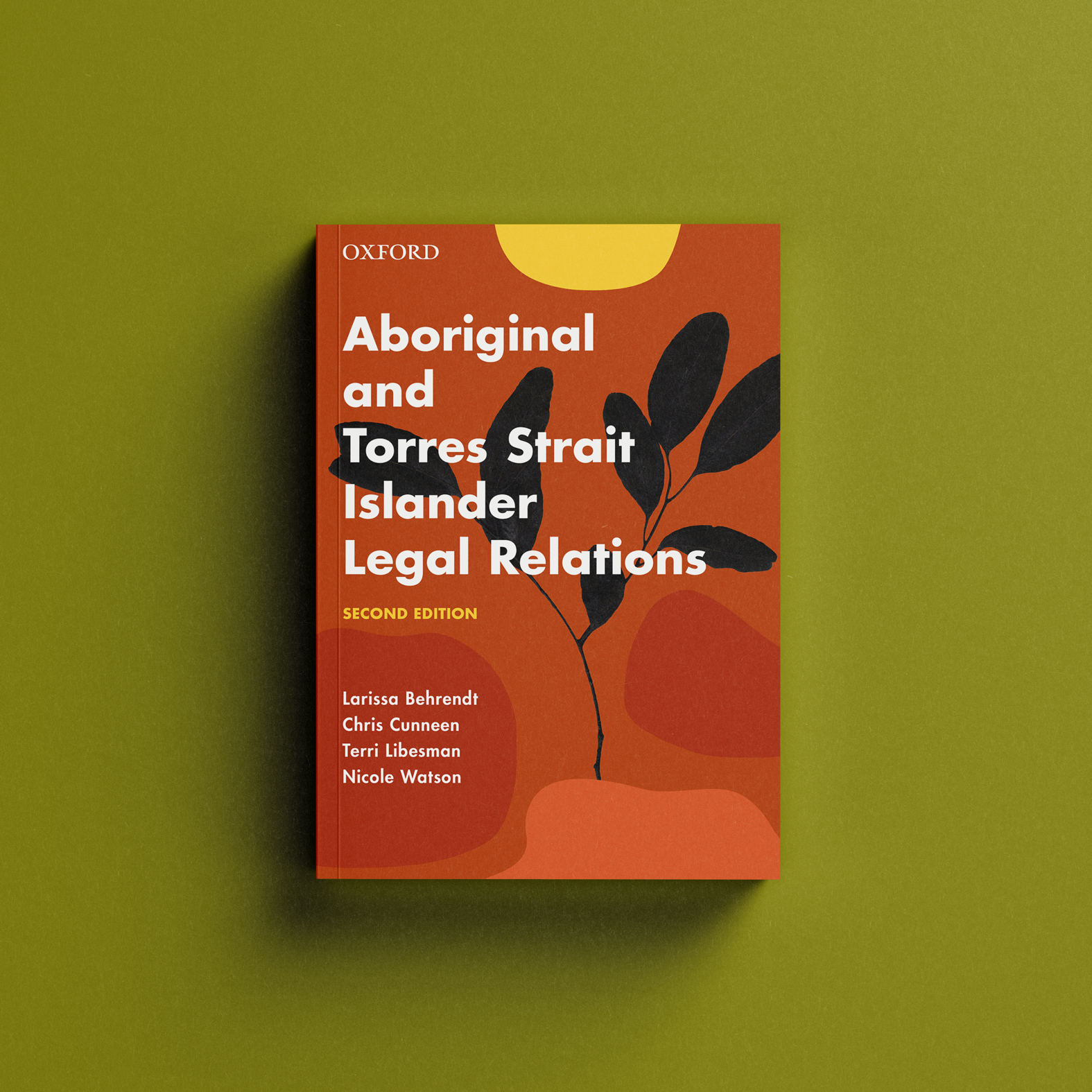 Book cover image with illustrations of a branch with Eucalyptus leaves and oval shapes in the foreground and yellow sun on top.