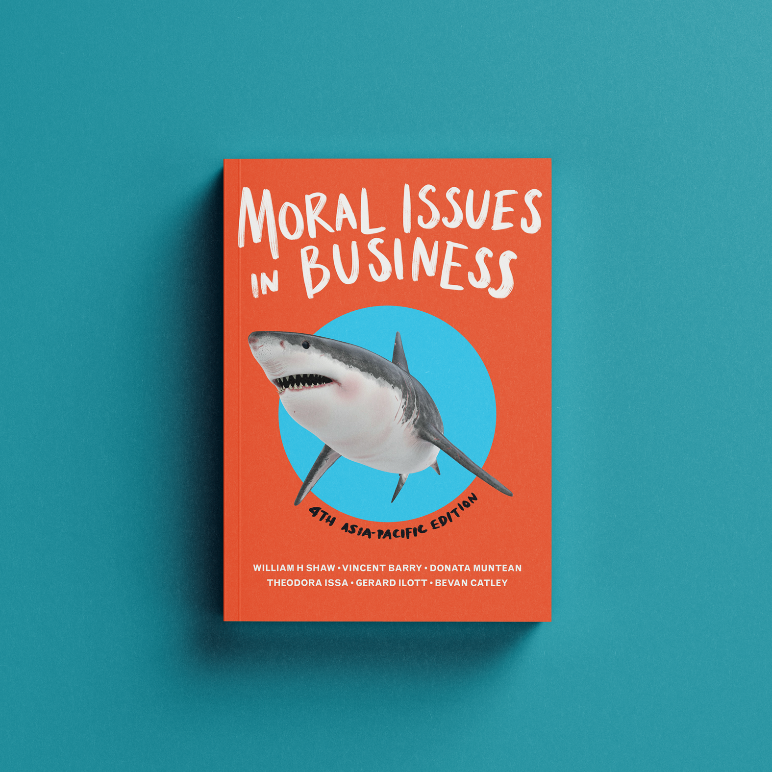 Book cover image in red with a shark coming out of a blue circle. The title of the book is written in handwriting style.