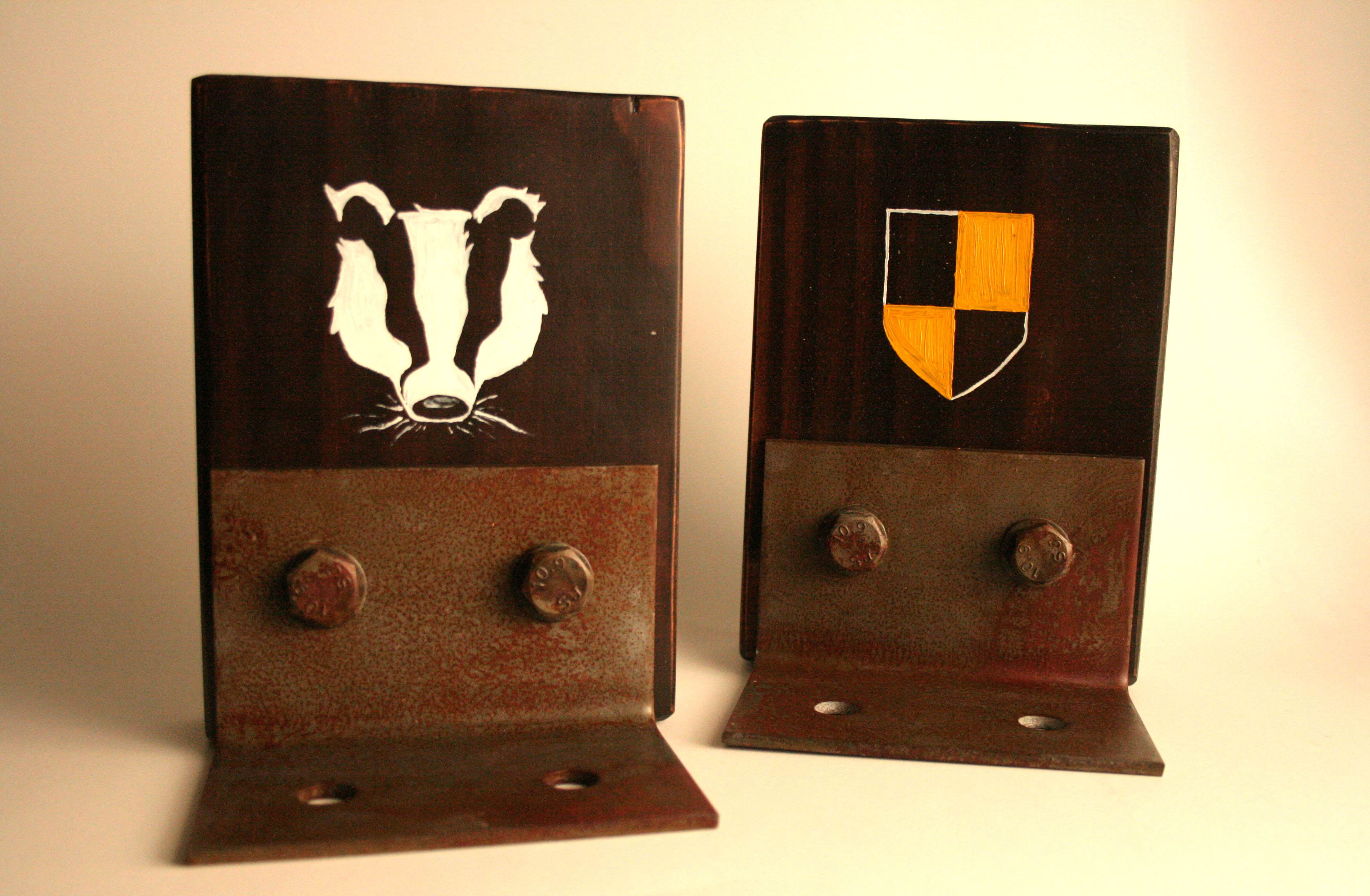 Hufflepuff Bookends (Douglas Fir + self-oxidized zinc fittings)