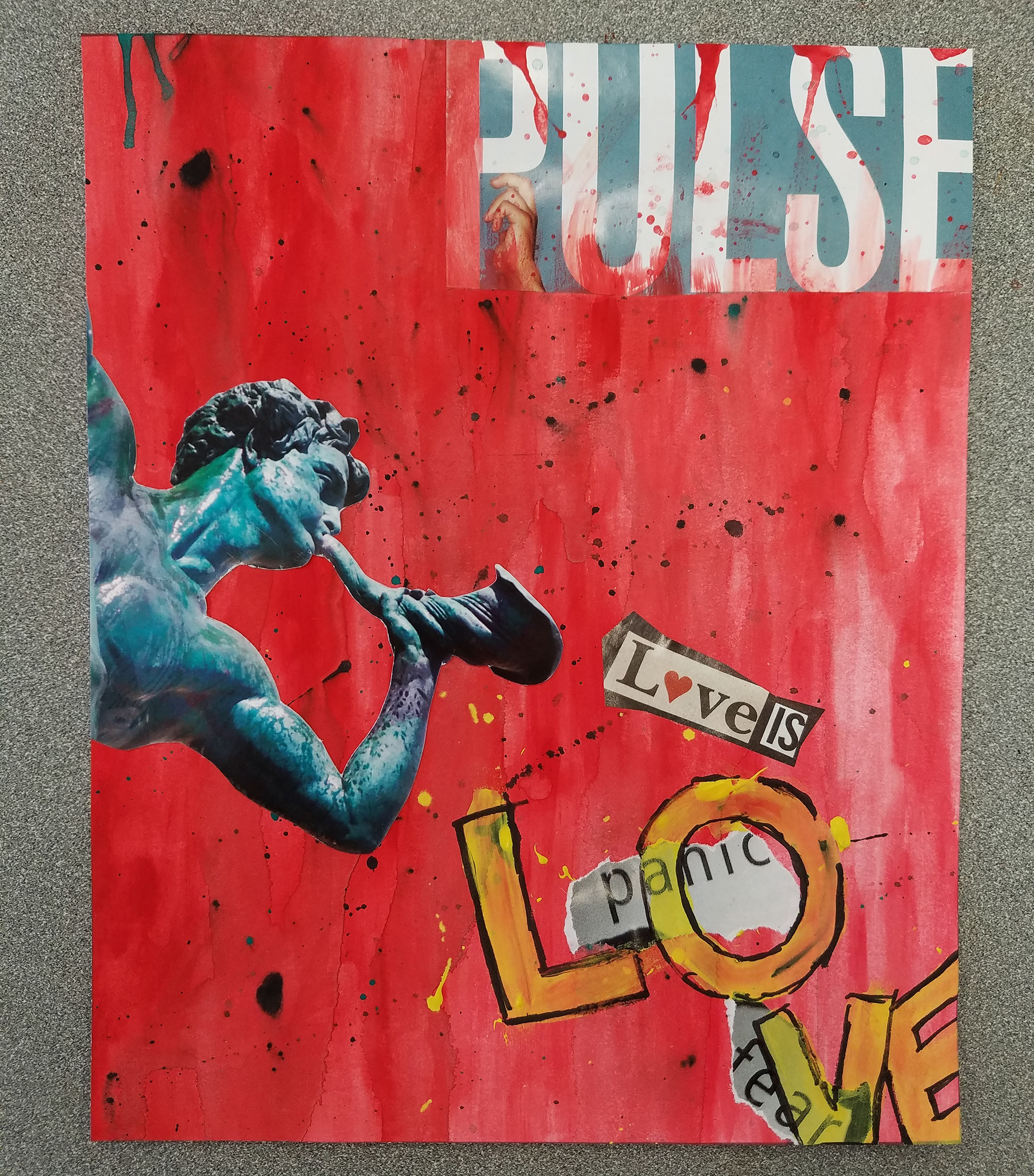 An Homage to the Pulse Nightclub Shooting (acrylic on paper + magazine clippings)
