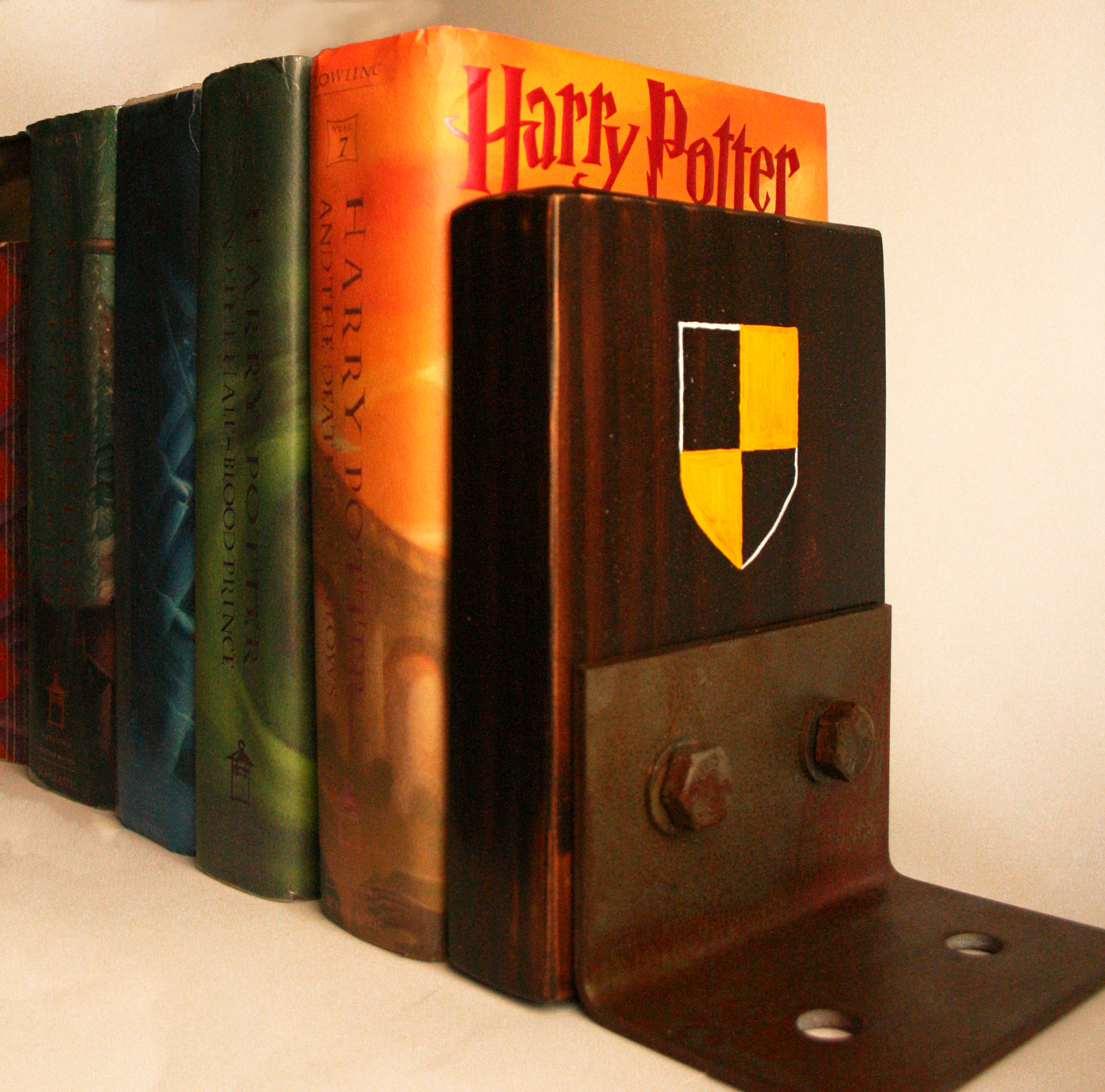 Hufflepuff Bookends (Douglas Fir + self-oxidized zinc fittings)