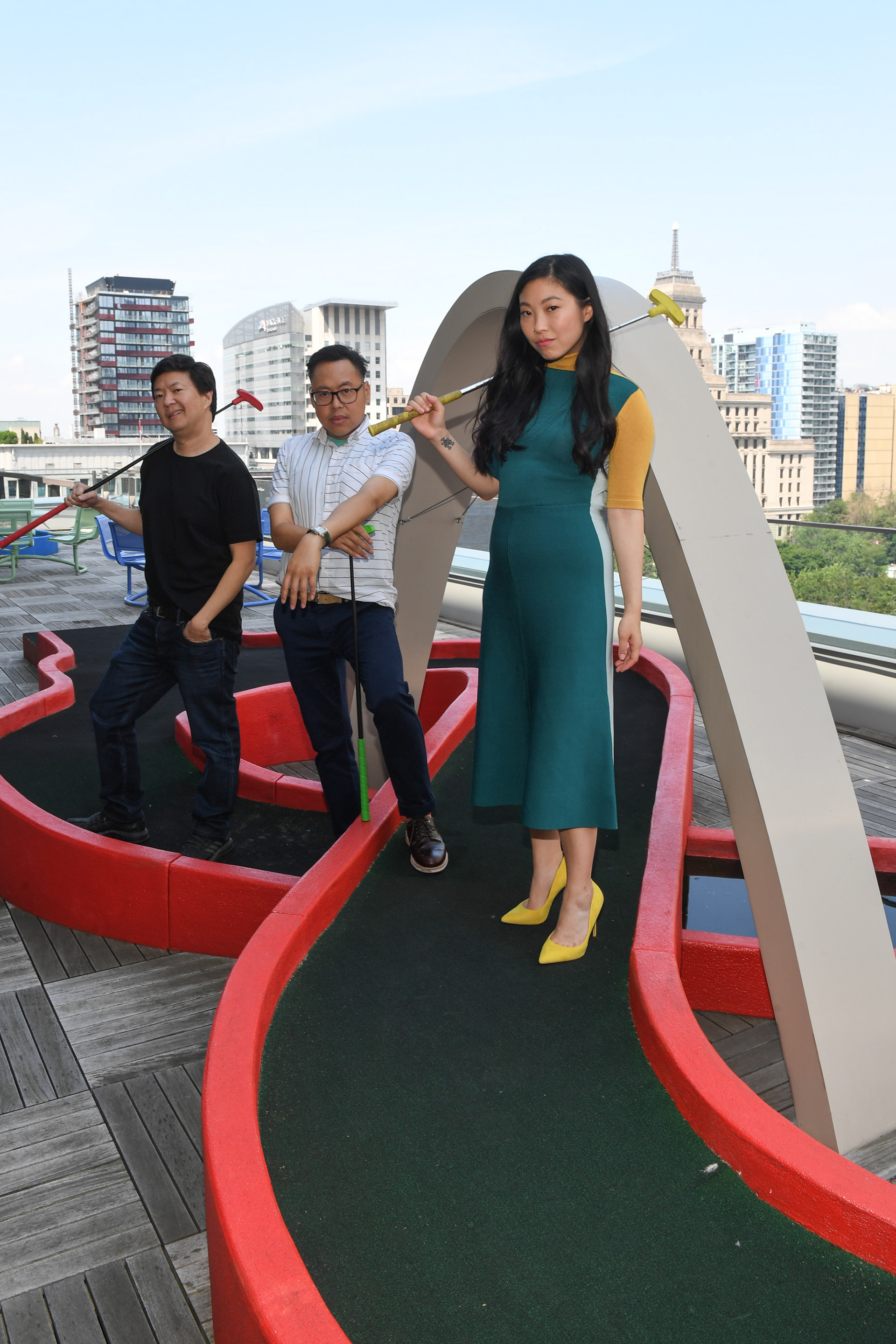 Nico Santos, Ken Jeong and Awkwafina touch down in Toronto to celebrate the release of “Crazy Rich Asians” on July 30, 2018 in Toronto, Canada. (Photo by Sonia Recchia/Getty Images for Warner Bros. Canada)