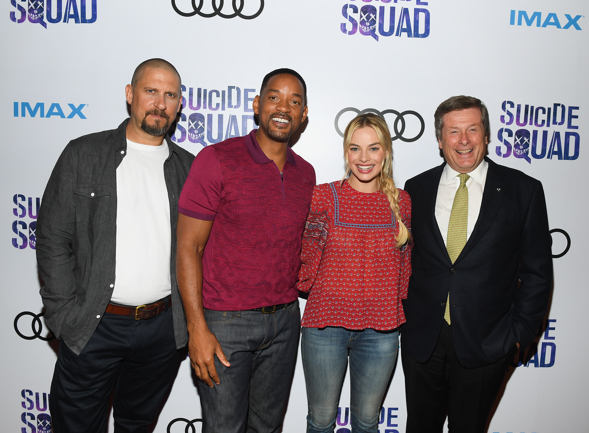 Director David Ayer, actor Will Smith, actress Margot Robbie and Toronto Mayor John Tory attends the grand opening of the “Suicide Squad” Toronto Belle Reve Penitentiary Fan Experience co-sponsored by Audi at the Fermenting Cellar in the Distillery District on July 26, 2016 in Toronto, Canada. (Photo by George Pimentel/WireImage)
