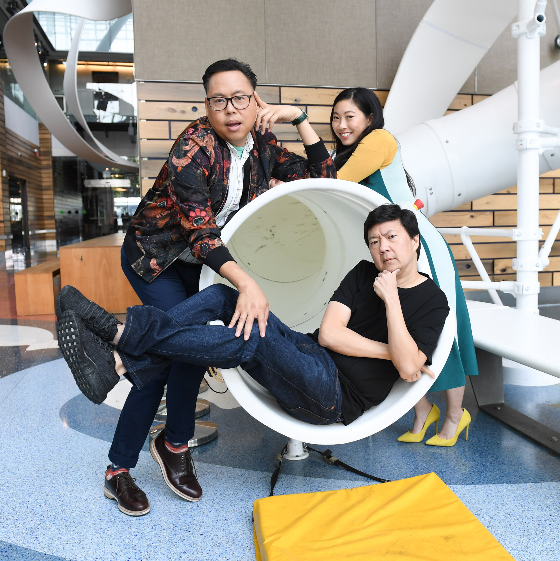 Nico Santos, Ken Jeong and Awkwafina touch down in Toronto to celebrate the release of “Crazy Rich Asians” on July 30, 2018 in Toronto, Canada. (Photo by Sonia Recchia/Getty Images for Warner Bros. Canada)
