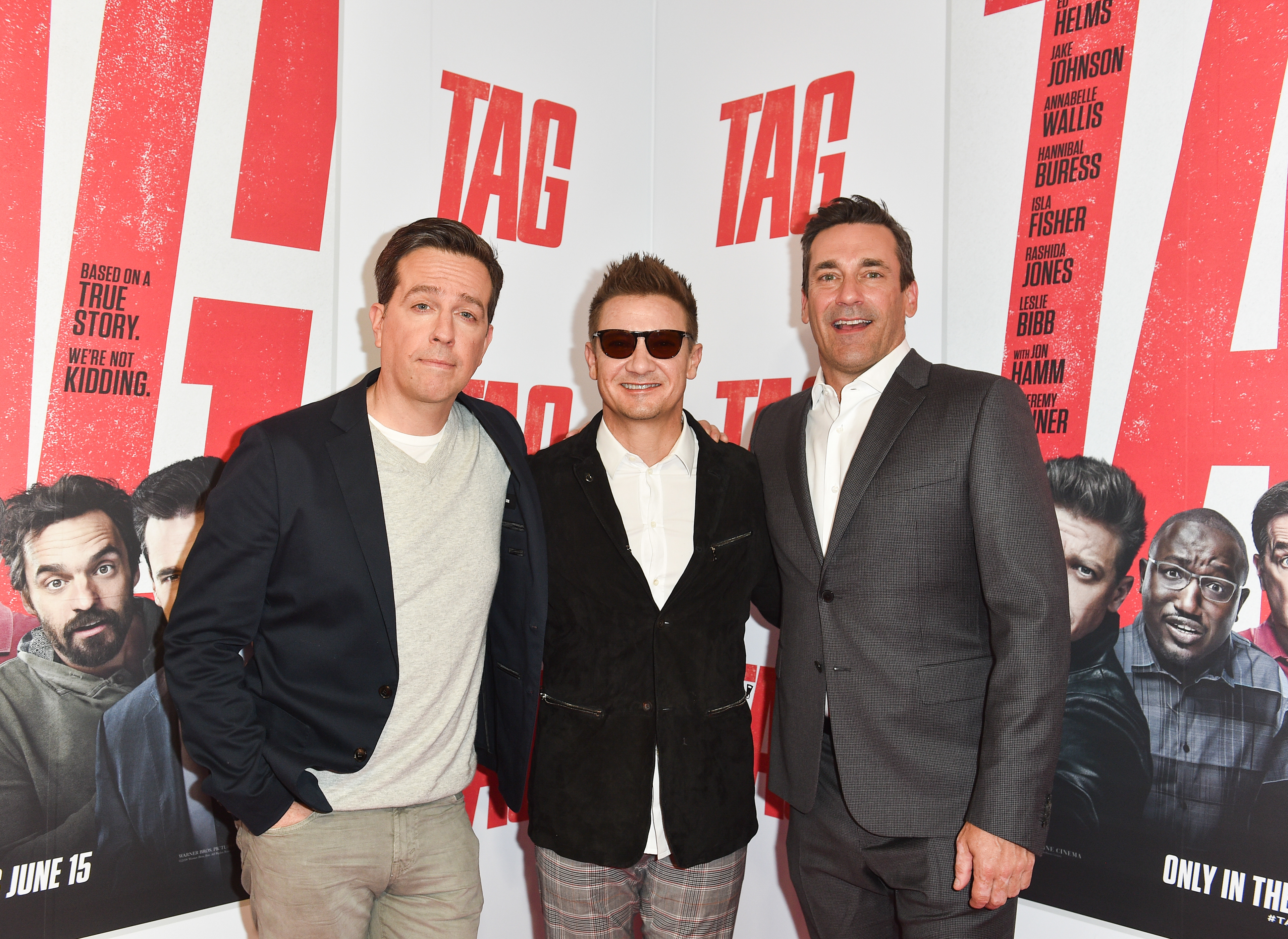 Actors Ed Helms, Jeremy Renner and Jon Hamm attend #TAGinTO, an exclusive Canadian screening of the upcoming comedy “TAG” in theatres June 15, held at TIFF Bell Lightbox on June 11, 2018 in Toronto, Canada. (Photo by GP Images/Getty Images for Warner Bros. Canada)