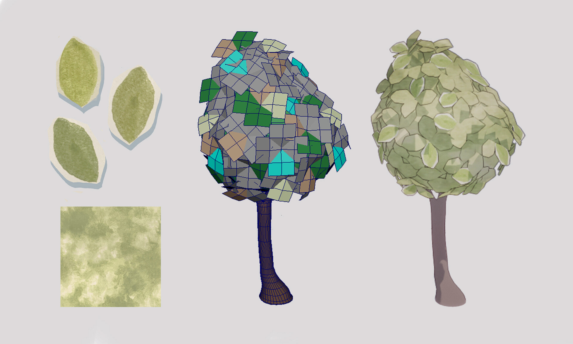 Textures, Wireframe view from Maya, and final asset in Unreal Engine