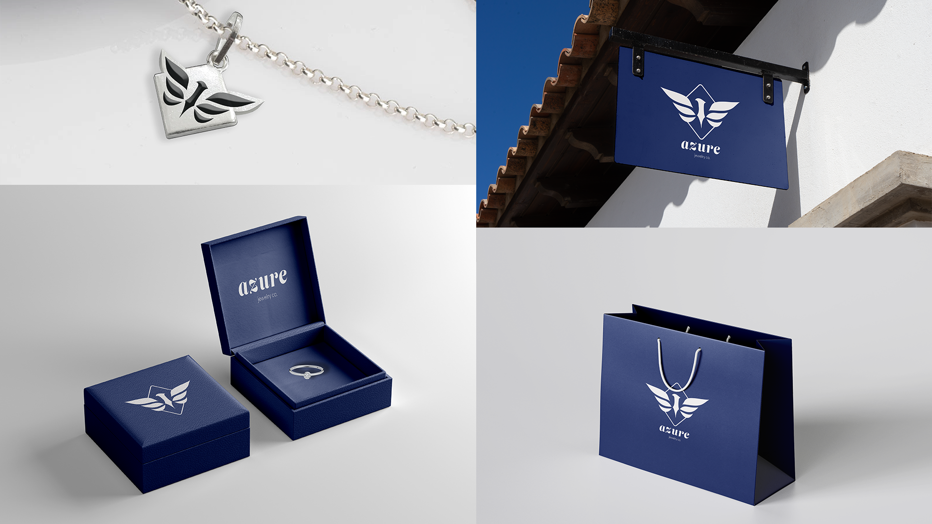 Logo and brand collateral for Azure, a high-end jewelry company. The brand logo features a mythological phoenix to relate the brand with ideas of renewal and hope. Azure utilizes this motif in combination with a dark azure color to associate renewal with an elegant style of self-expression. The diamond shape around the phoenix references the brand’s main pendant style.