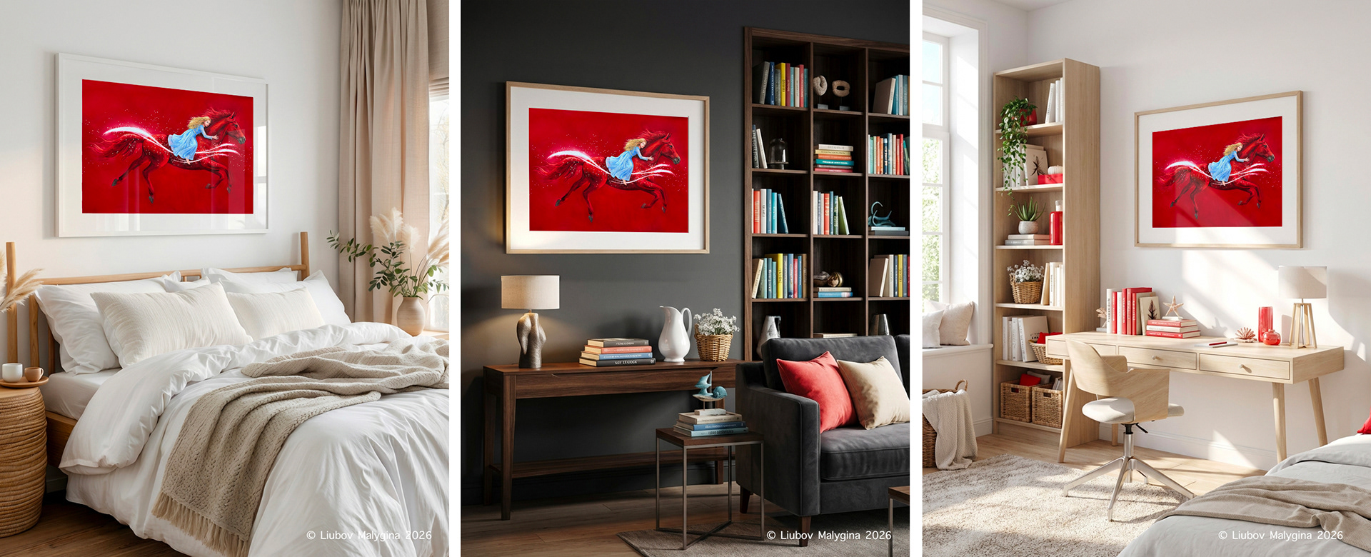 Contemporary watercolor art print, created from original watercolor painting of artist Liubov Malygina, depict a girl hugging a red horse displayed in a modern minimalist interior, becoming a strong yet gentle focal point. Emotional wall art for collectors who value depth over decoration.