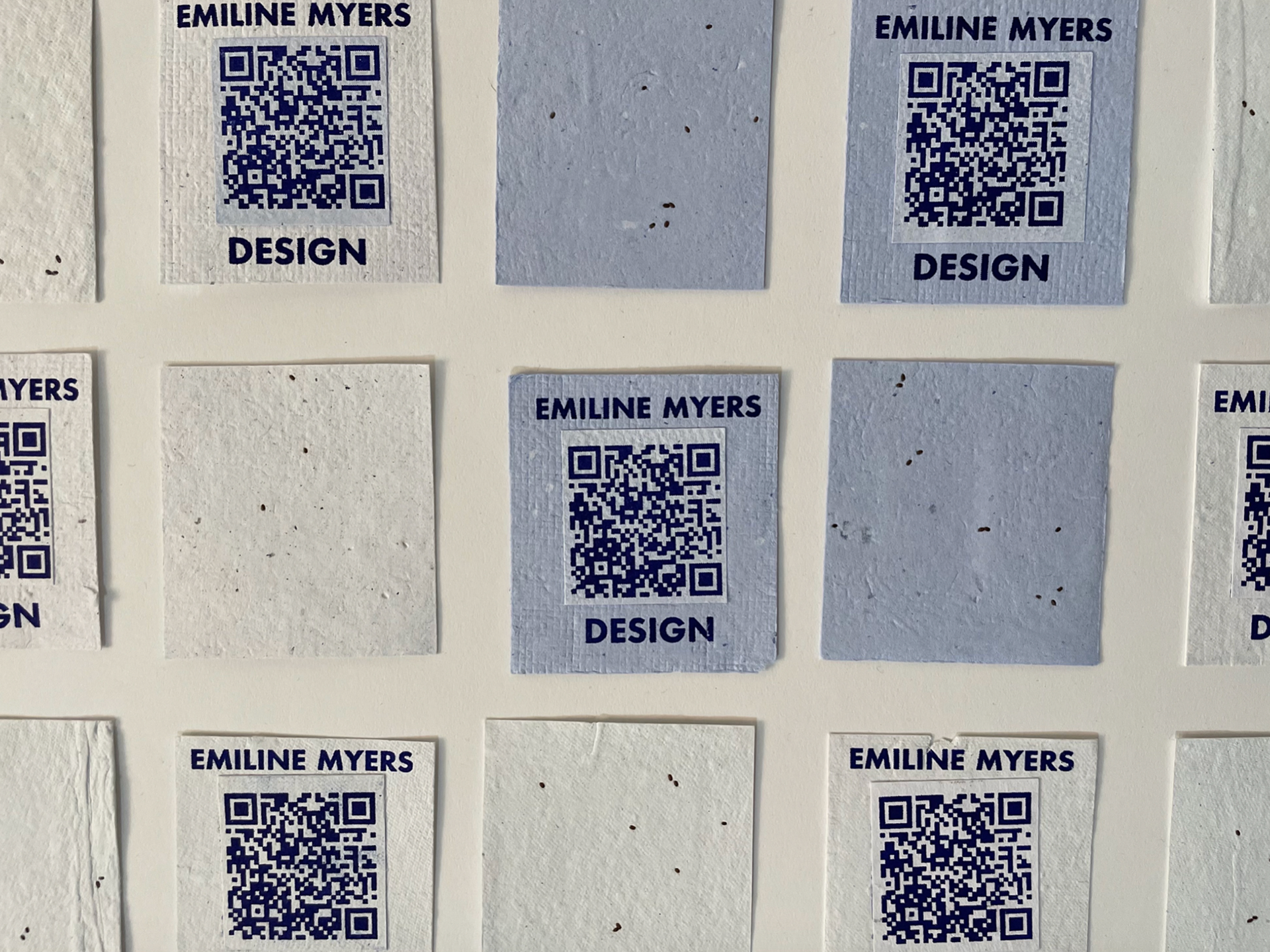 Business cards made with handmade recycled paper, embedded with bee balm seeds, risograph printed and bound with biodegradable glue. Cards can safely be planted after scanning. QR code links to website landing page (https://emilinemyers.myportfolio.com/business-cards)