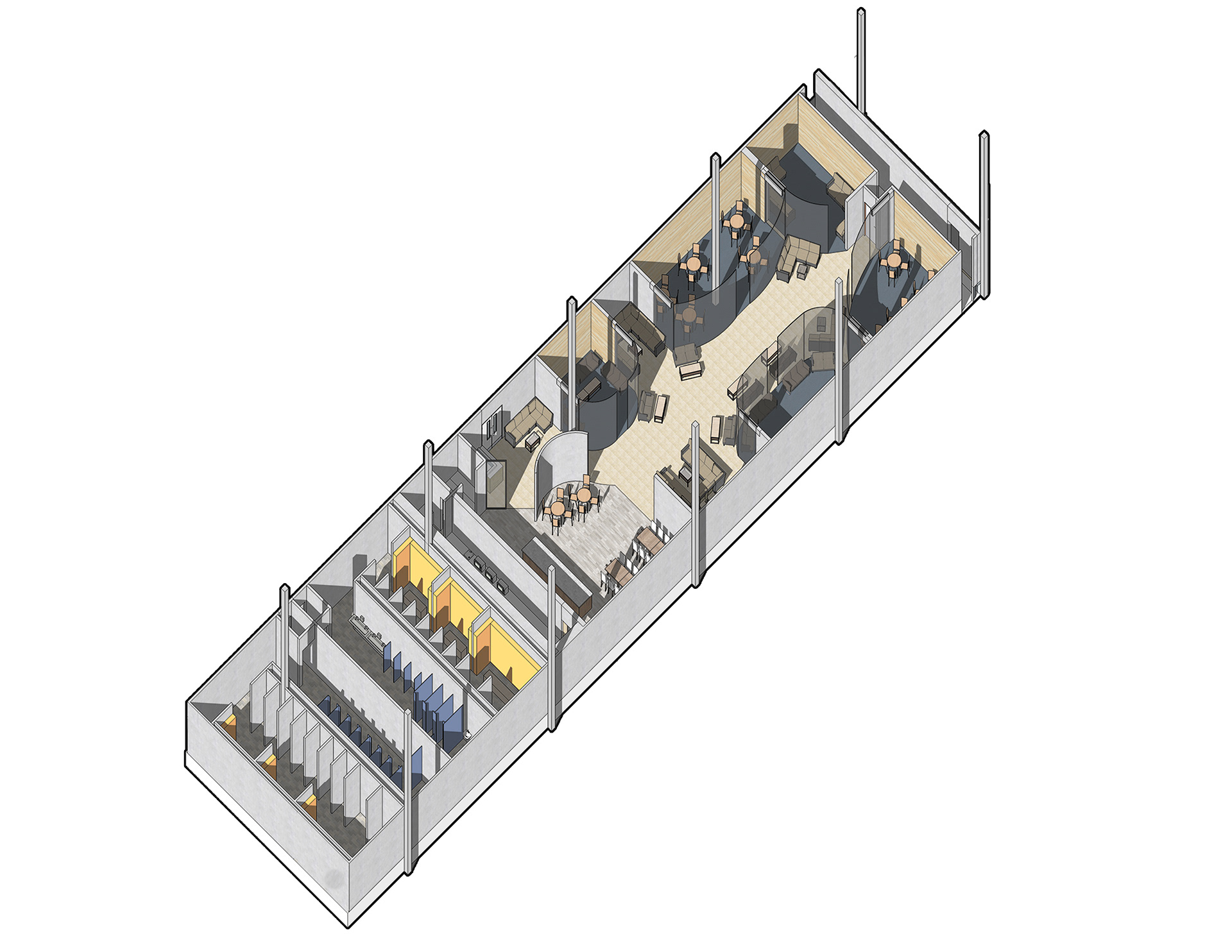 Mix-Use Lounge Design Programmatic Layout & Material Palette Axo