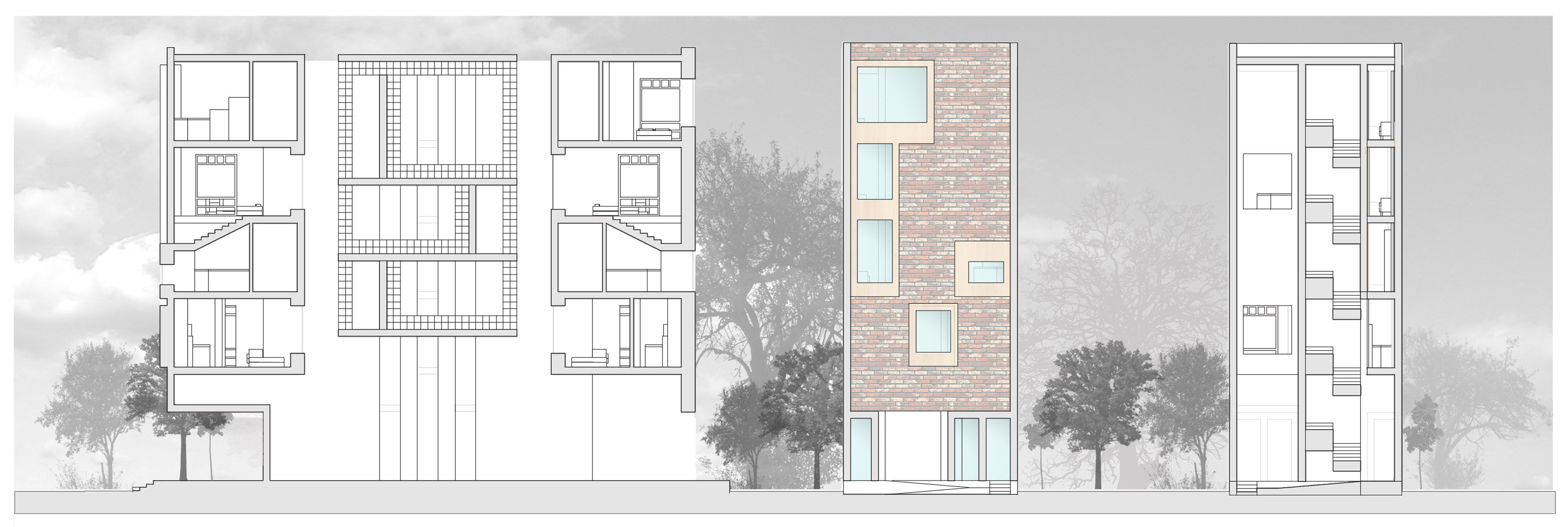 Left Longitudinal Section Center Rendered Elevation Right Cross Section