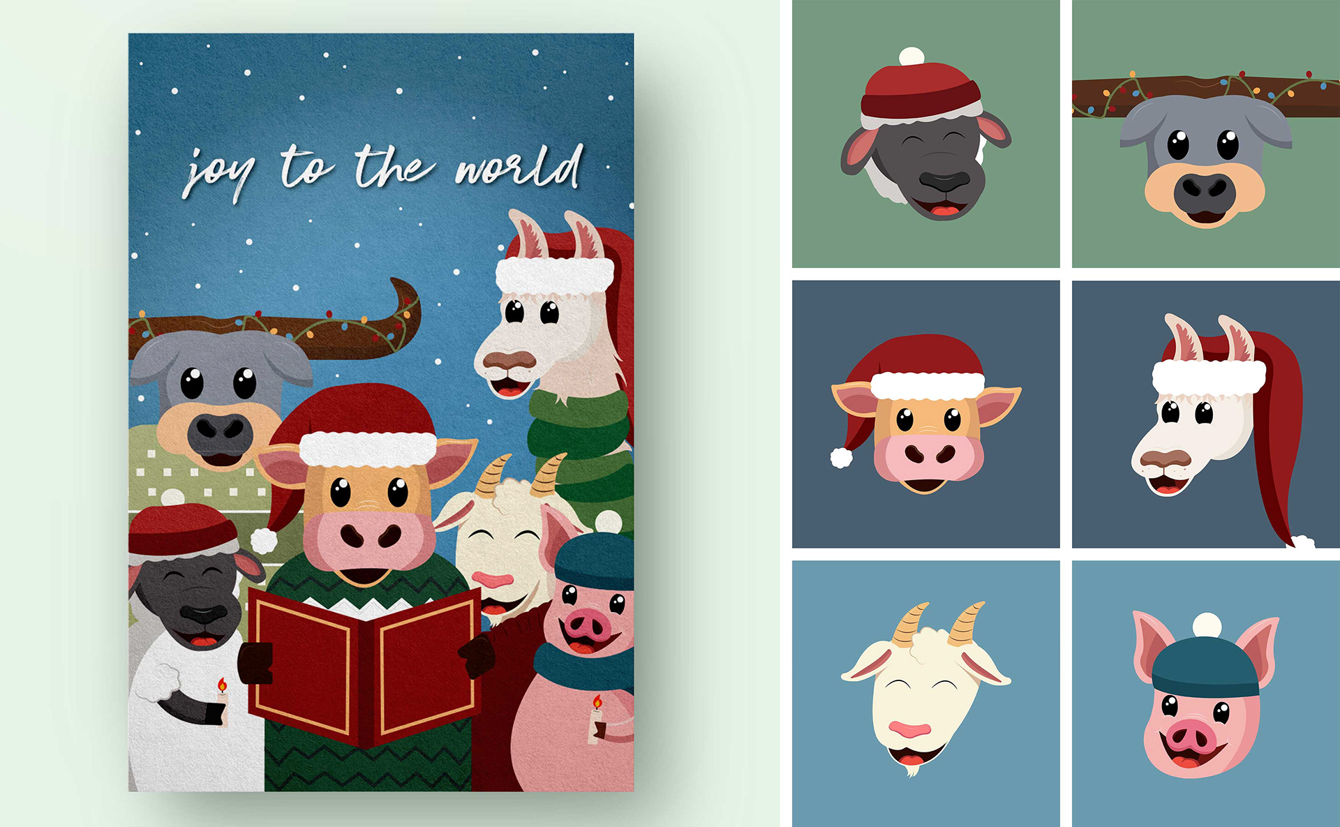 Details of the holiday card, showing a close up of each of the six animals.