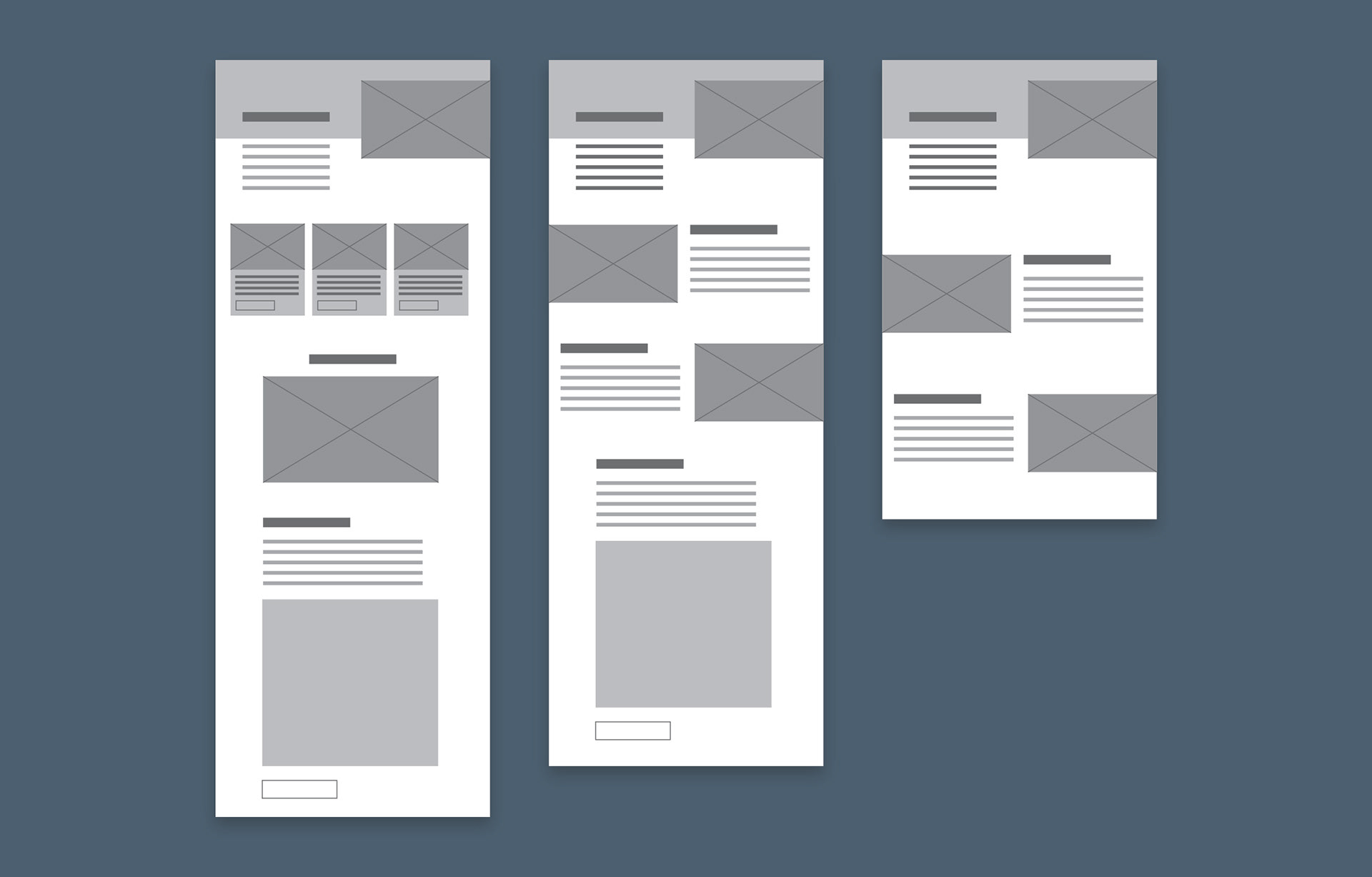 Wireframes showing three different page layouts.