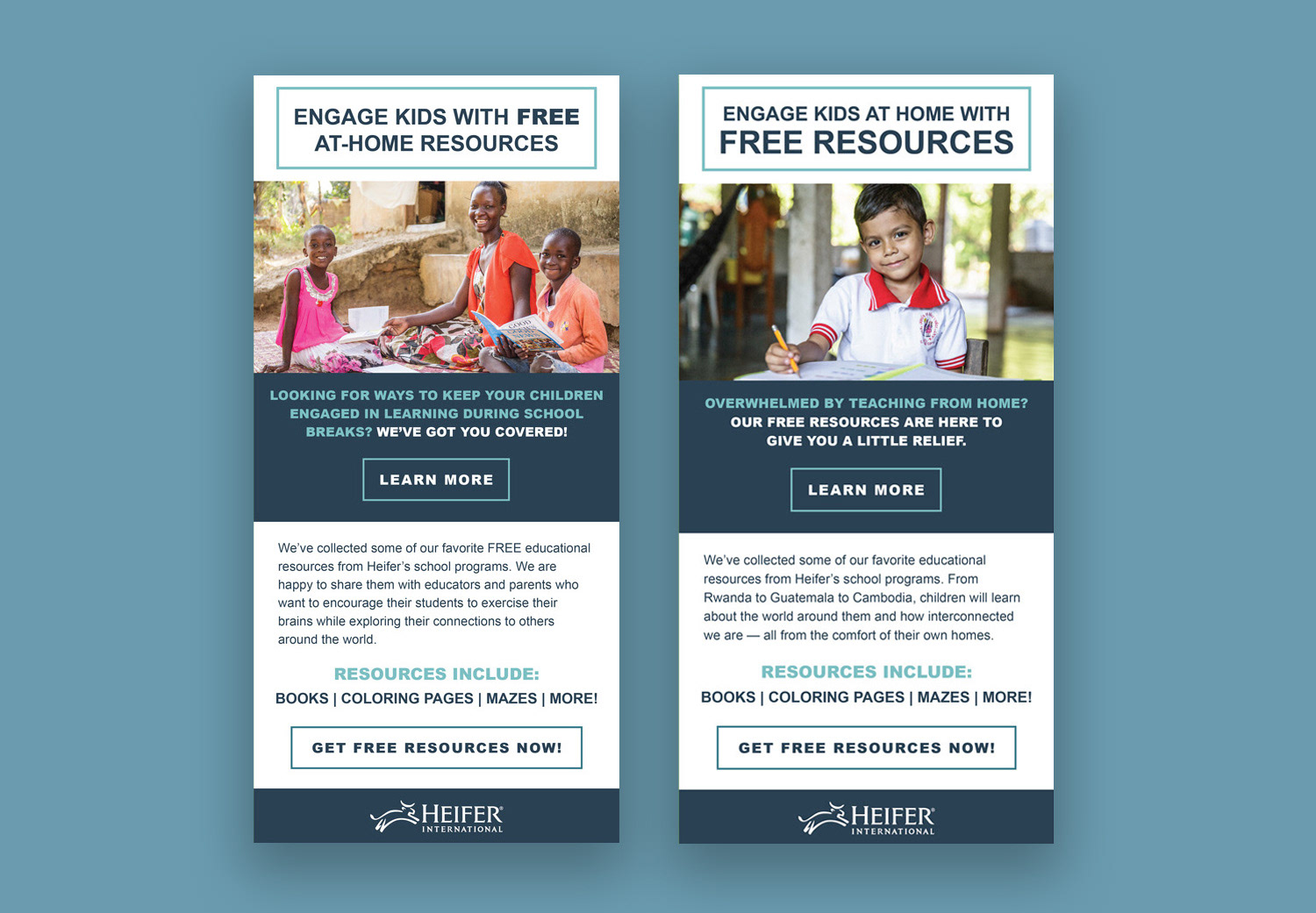 Two versions of the resource email showing copy and layout.