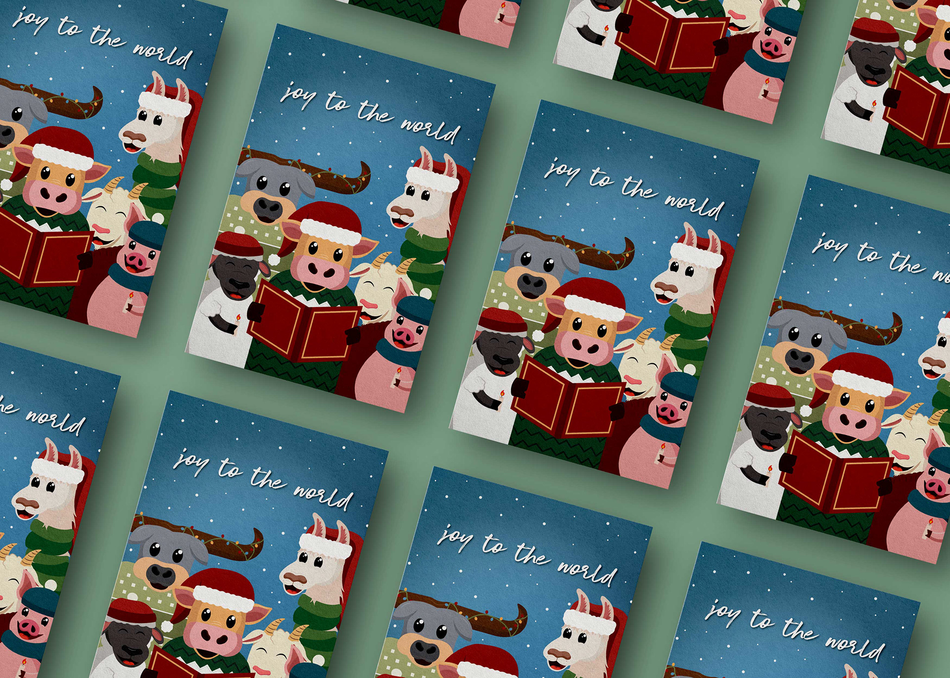 Holiday card with cartoon animals caroling