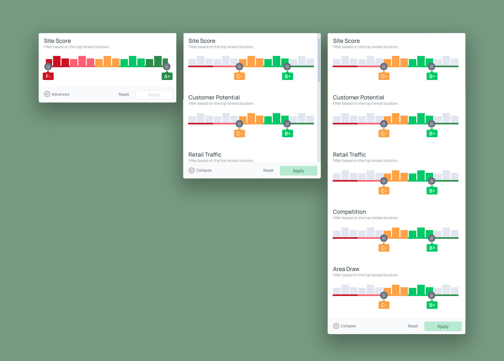 Three examples of the site filter are shown. One shows the collapsed version, the other two show the advanced version in various states.