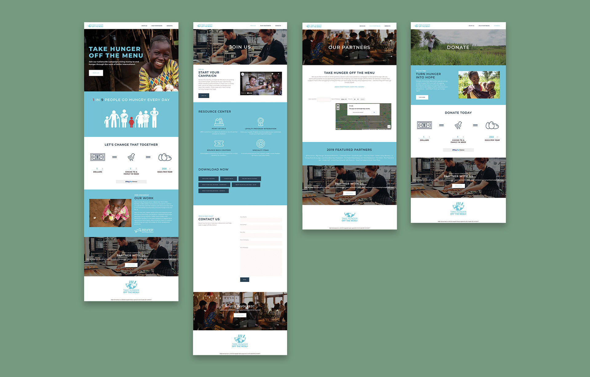 Four images of each page on the Take Hunger Off The Menu site.