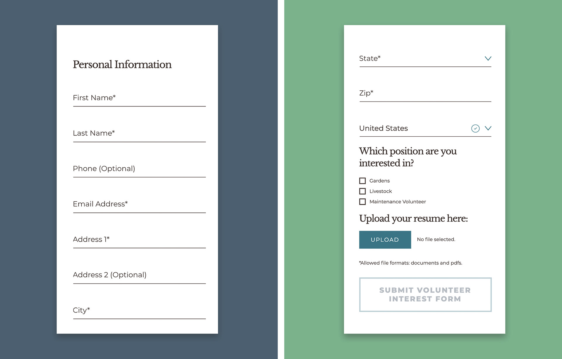 Two images showing the mobile version of the volunteer information form.