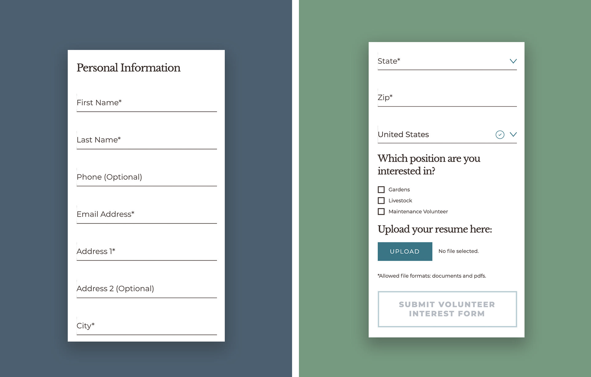 Two images showing the mobile version of the volunteer information form.