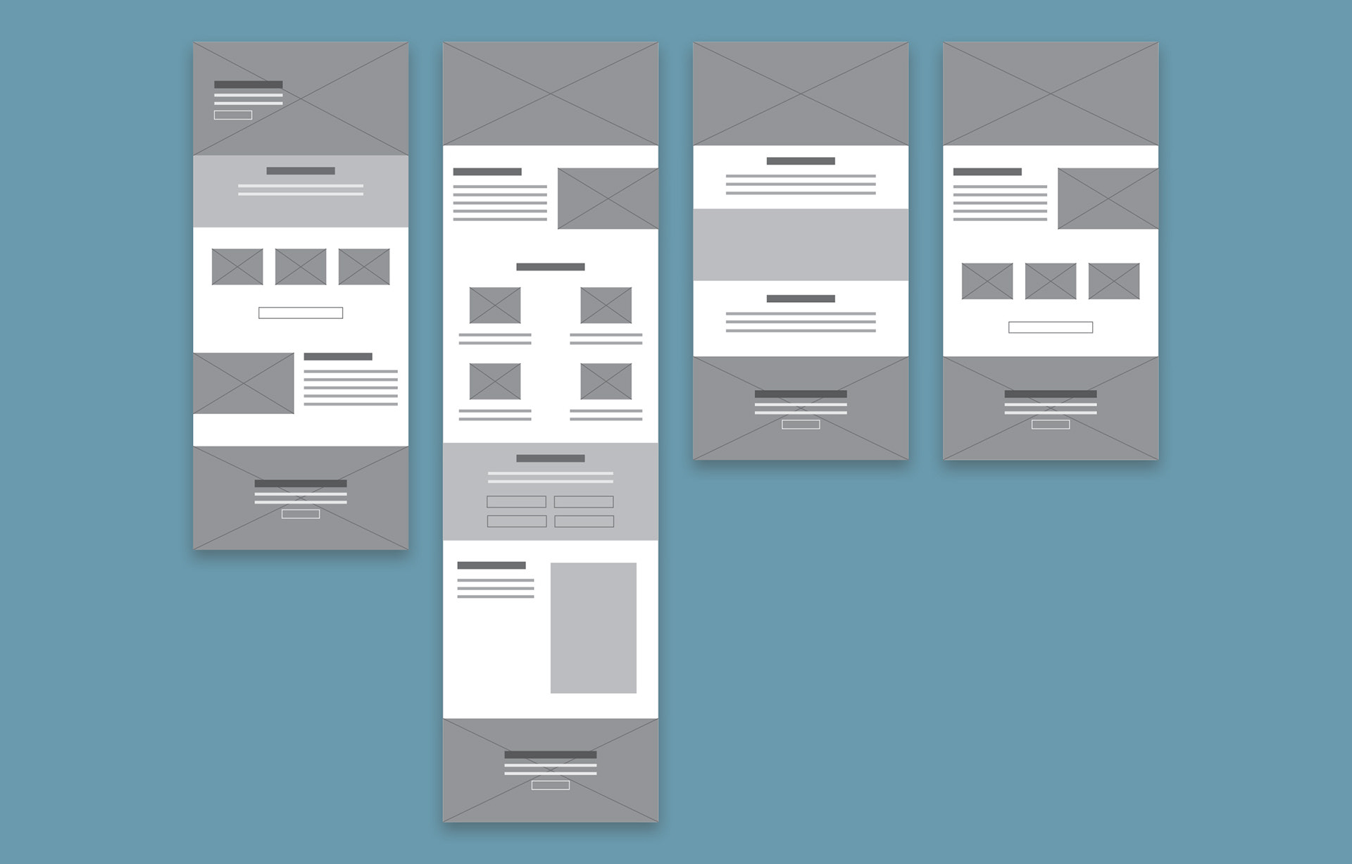 Wireframes showing layouts for each page of the site.