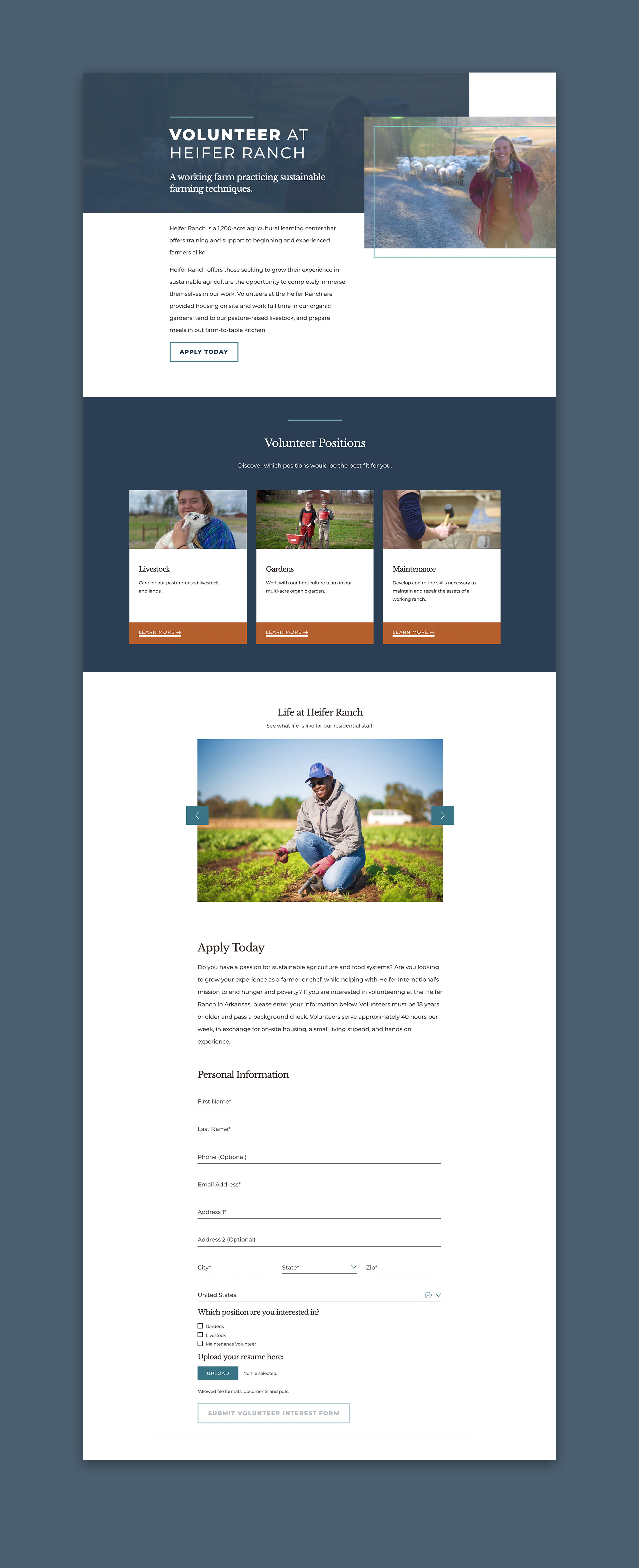 The main Heifer Ranch page with all sections of the page shown. This includes the introduction, a list of available positions, and a form for interested volunteers to fill out.