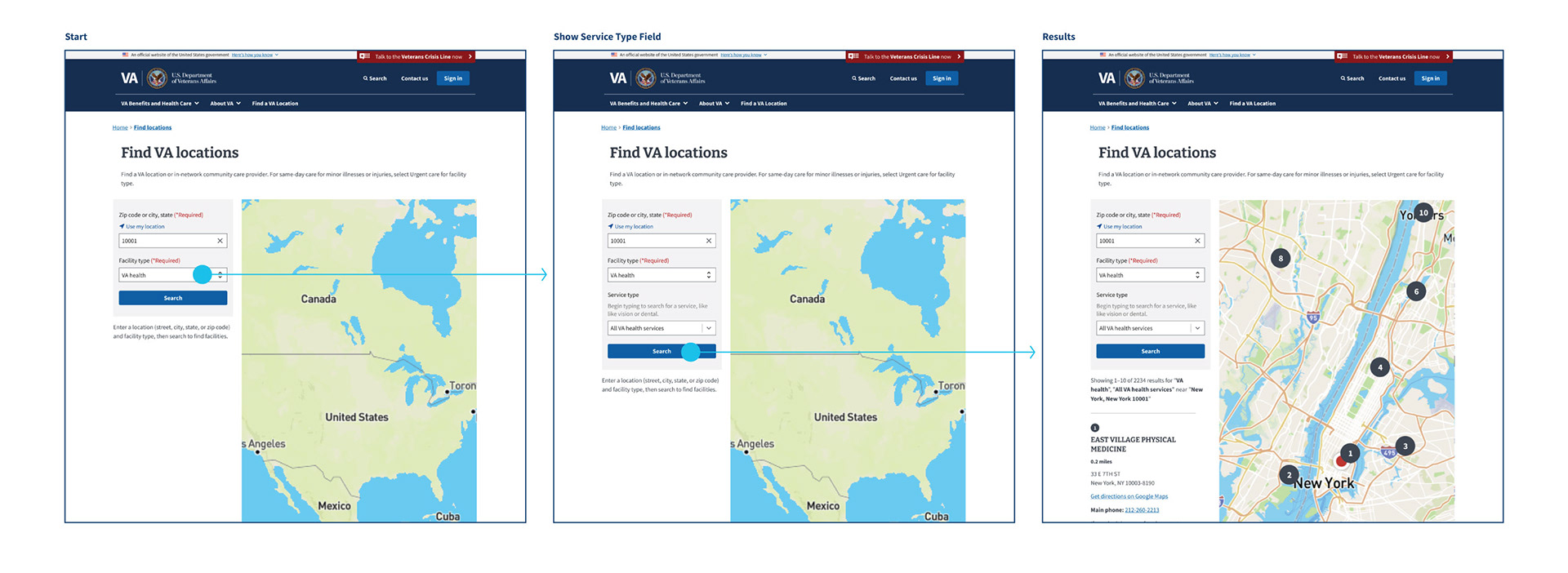 User flow that shows the service type field appearing in the facility locator search.