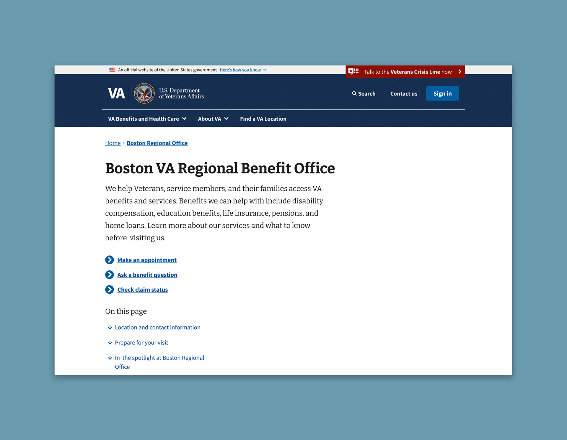 A section of the Boston VA Regional Benefit Office page.