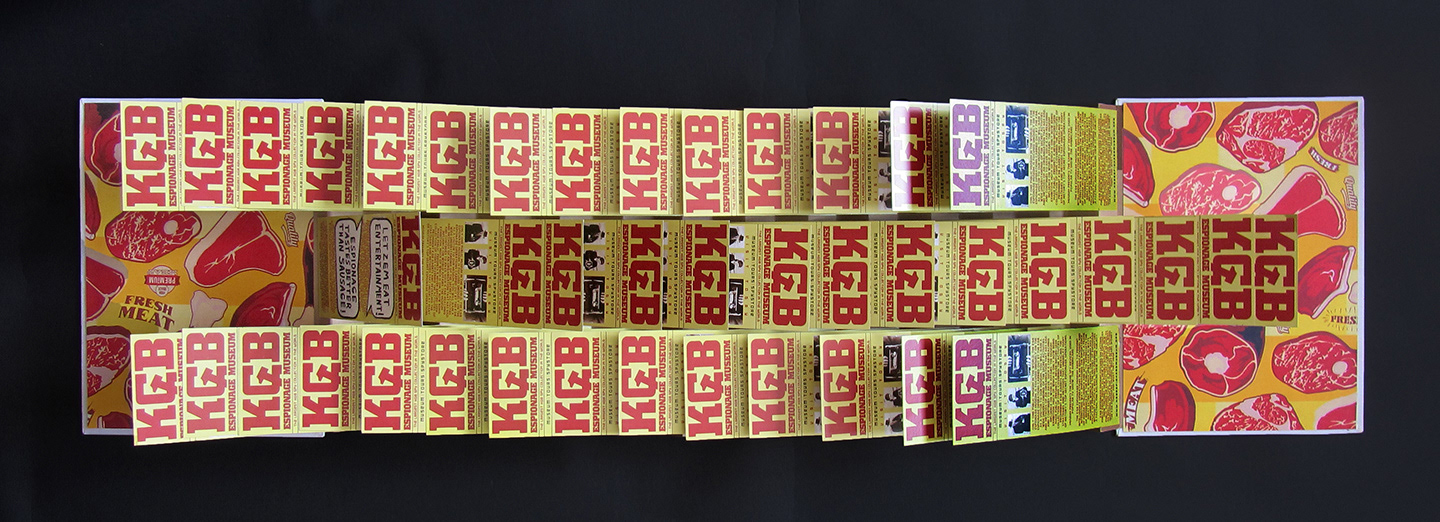Yes, We Have No Grocery Store Anymore, (opened), unique artist book, 2019, found museum flyers, ink, paper, collage and silkscreen on book-cloth, 13.75" x 45"