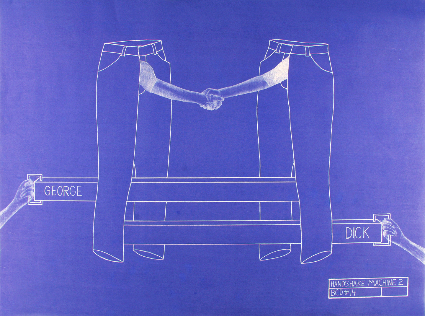 Handshake Machine 2, ink and collage on paper transferred to blueprint