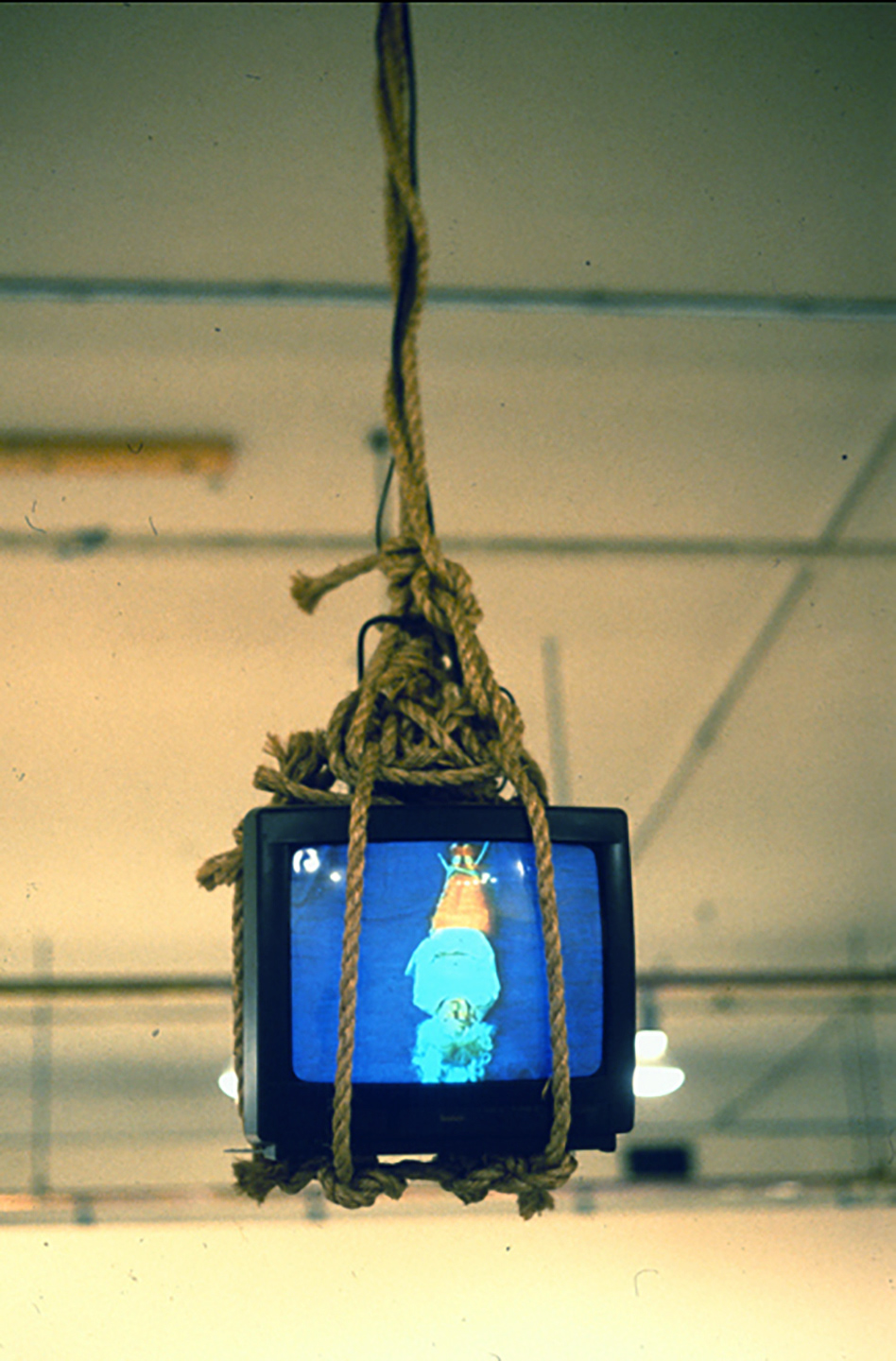 "Captive Audience" (detail of monitor), 1995-96, 320 stretched canvases, video, rope, photogaphs and text, 6'5" x 24' in diameter.